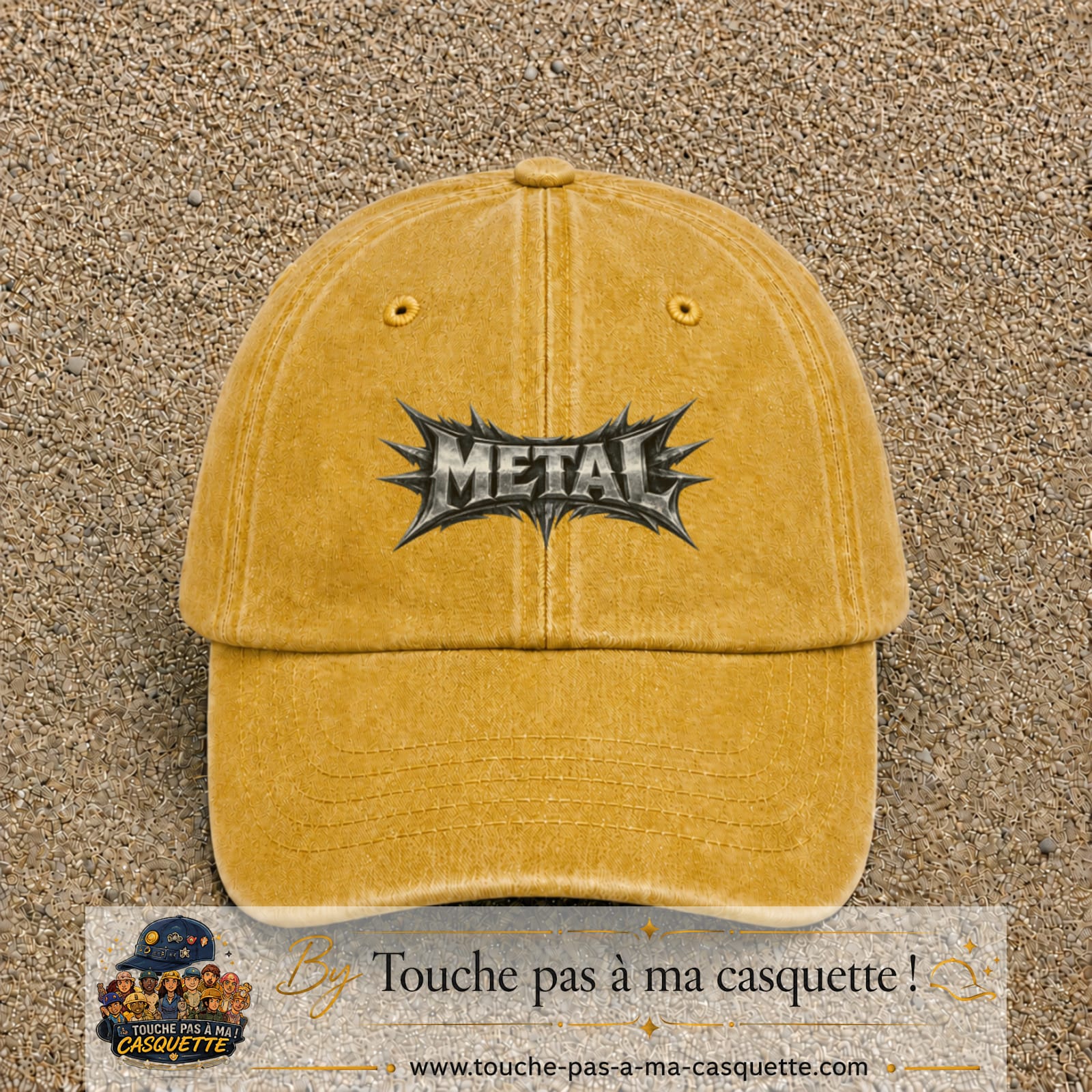 Casquette baseball Jaune délavé - Moutarde délavé 100% coton avec visuel Typographie métal 5 cm - image produit principale