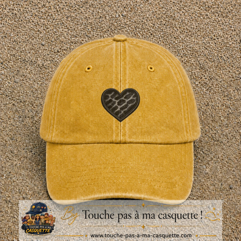 Casquette Jaune délavé - Moutarde délavé motif Cœur félin 5 cm - vue principale
