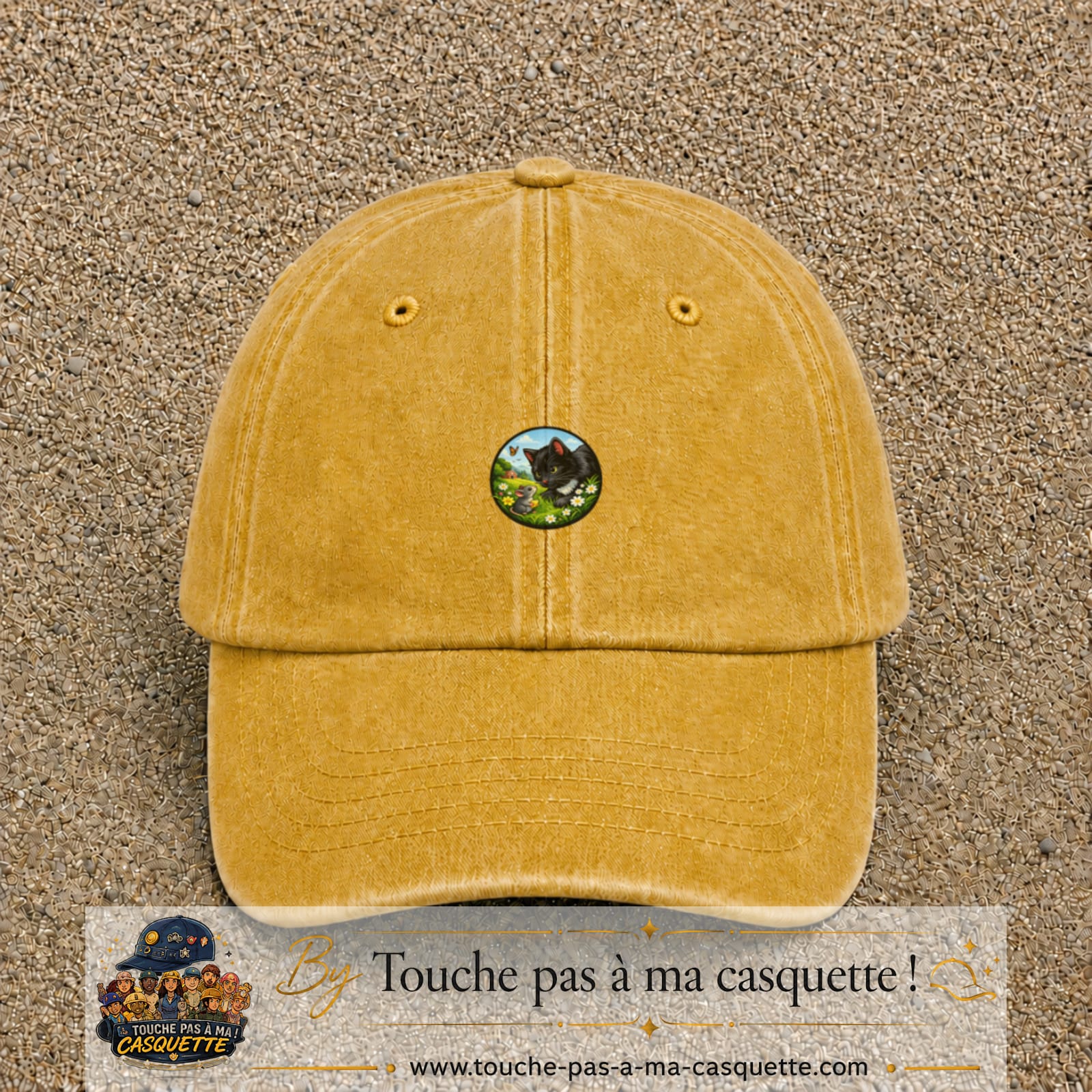 Casquette baseball Jaune délavé - Moutarde délavé 100% coton avec visuel Chat noir et souris 3 cm - image produit principale