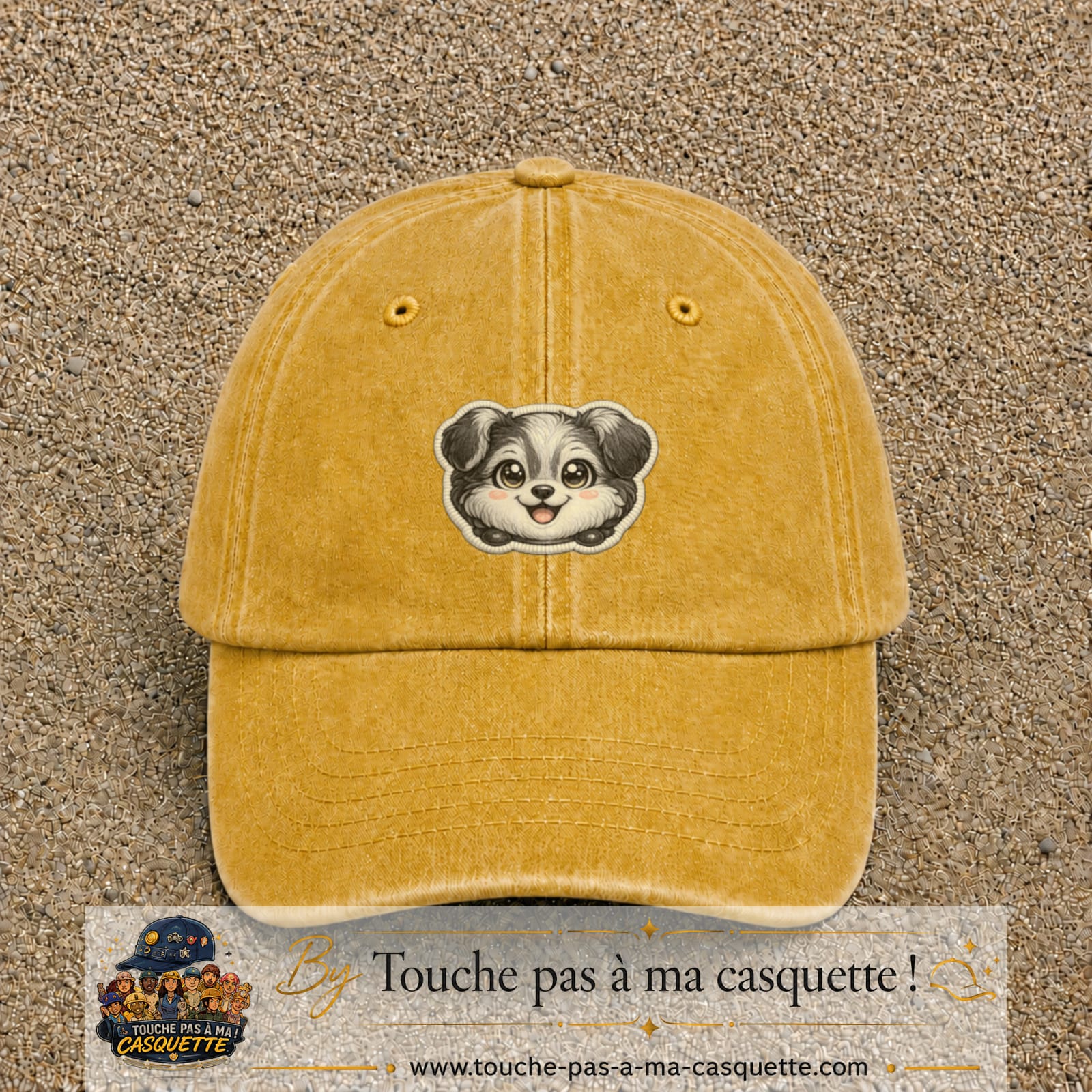 Casquette Jaune délavé - Moutarde délavé motif Chiot peluche 5 cm - vue principale