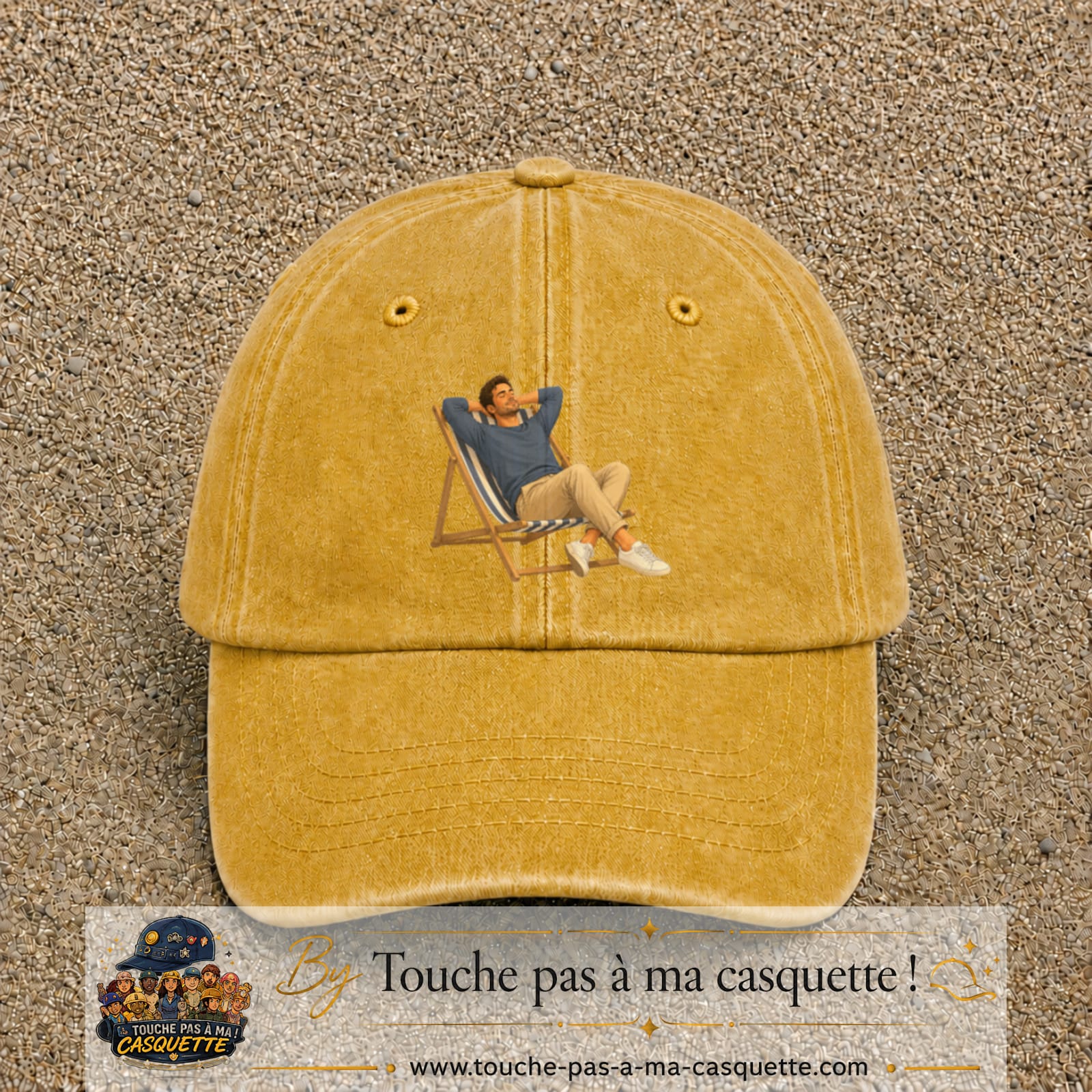Casquette Jaune délavé - Moutarde délavé 100% coton avec motif Pause soleil transat 7 cm - image principale