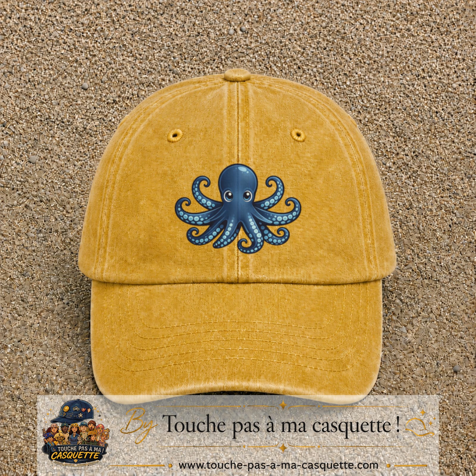 Casquette baseball Jaune délavé - Moutarde délavé 100% coton avec visuel Pieuvre bleue 7 cm - image produit principale