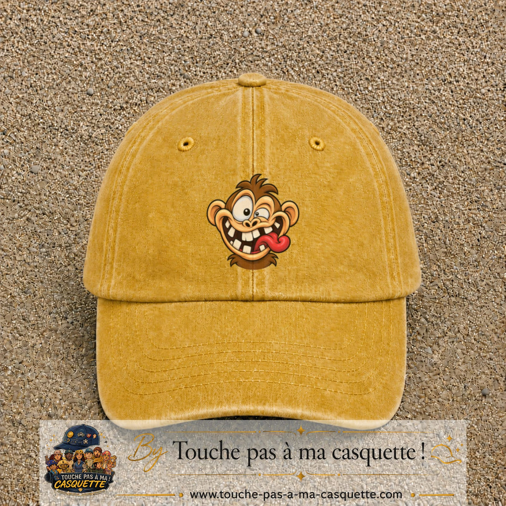 Casquette baseball Jaune délavé - Moutarde délavé 100% coton avec visuel Singe fou grimace 7 cm - image produit principale