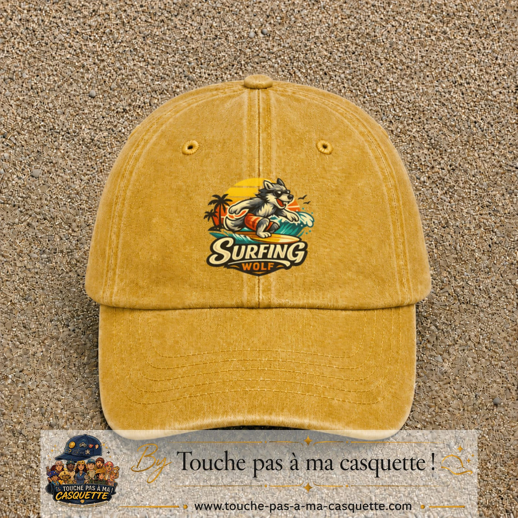 Casquette Jaune délavé - Moutarde délavé 100% coton avec motif Surfing Wolf 7 cm - image principale