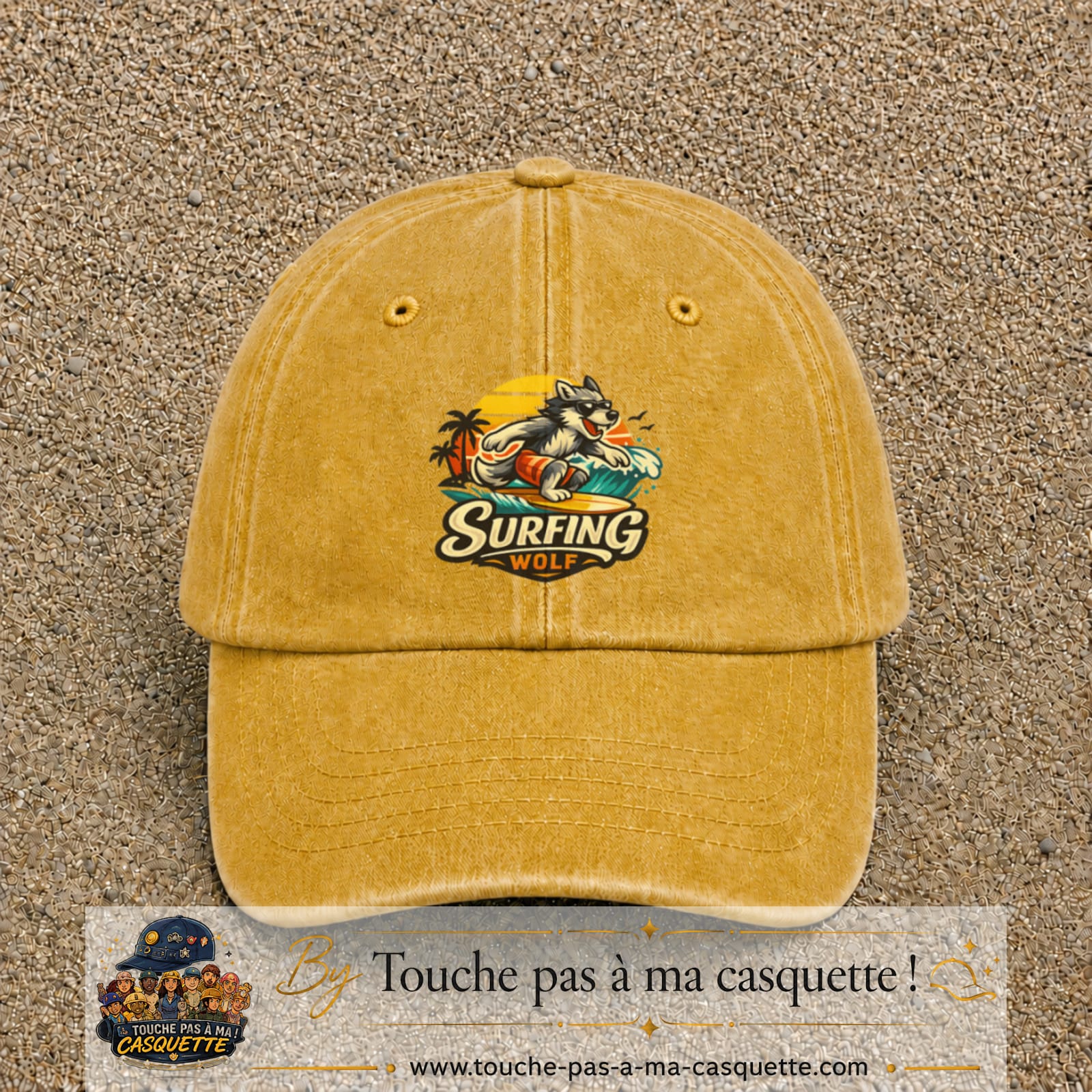 Casquette Jaune délavé - Moutarde délavé 100% coton avec motif Surfing Wolf 7 cm - image principale