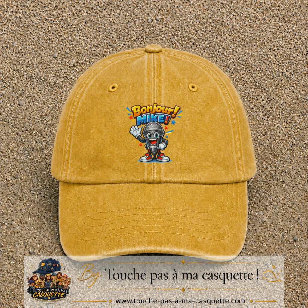 Casquette baseball Jaune délavé - Moutarde délavé 100% coton avec motif Bonjour Mike 7 cm - image principale