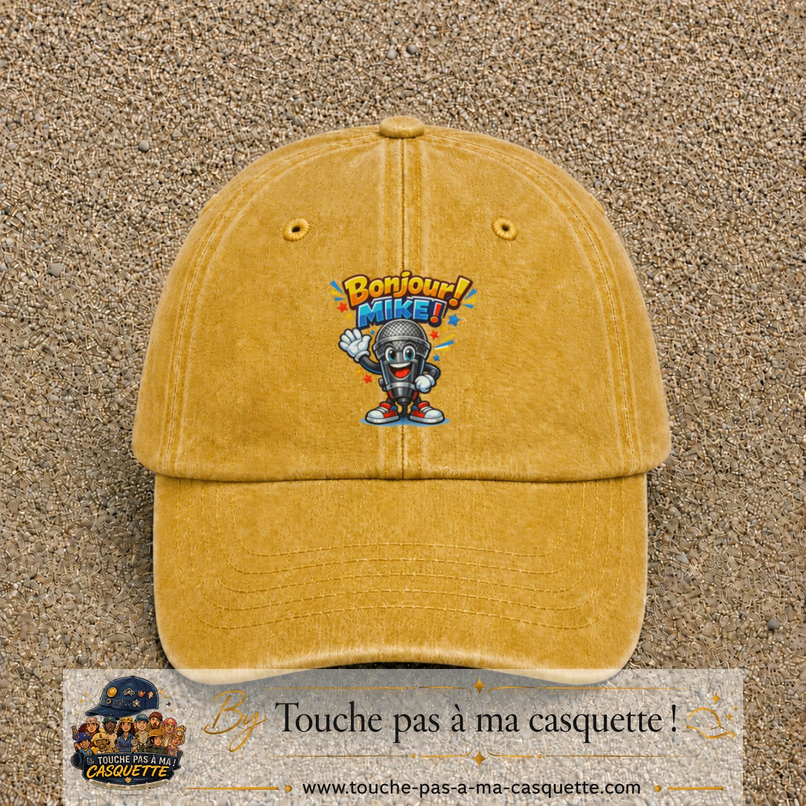Casquette baseball Jaune délavé - Moutarde délavé 100% coton avec motif Bonjour Mike 7 cm - image principale