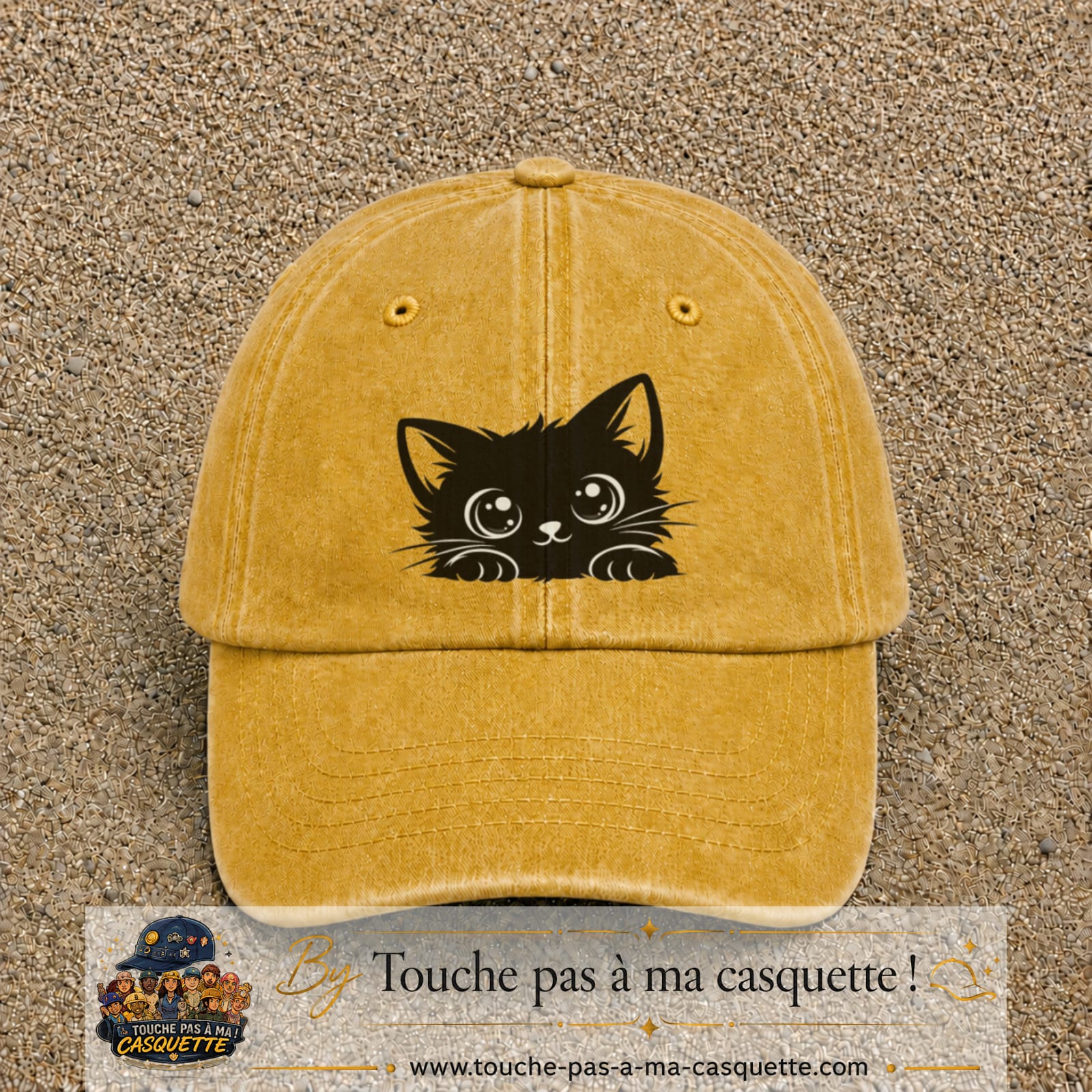 Casquette Jaune délavé - Moutarde délavé motif Chaton malicieux 7 cm - vue principale