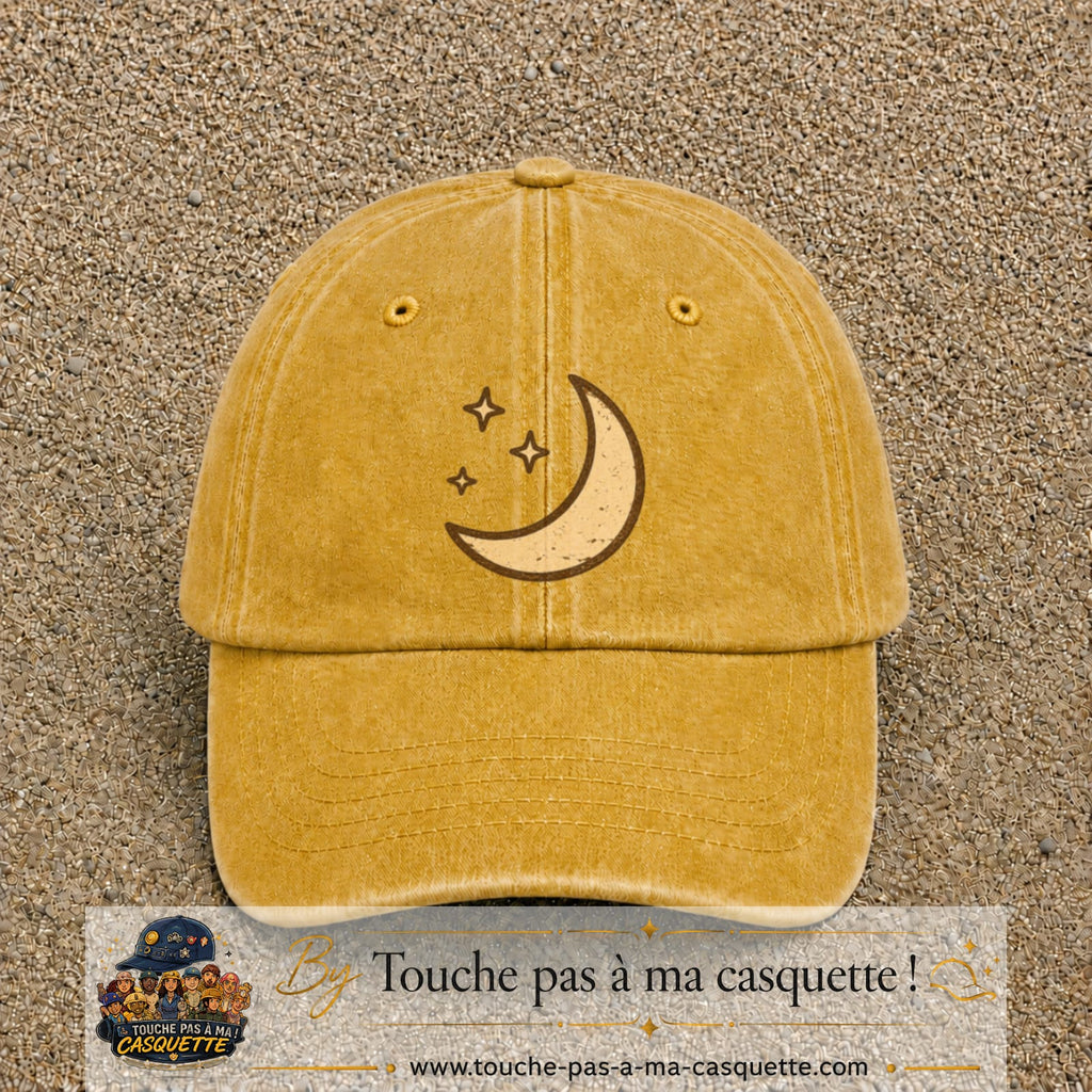 Casquette Jaune délavé - Moutarde délavé 100% coton avec motif Lune et étoiles bohèmes 7 cm - image principale