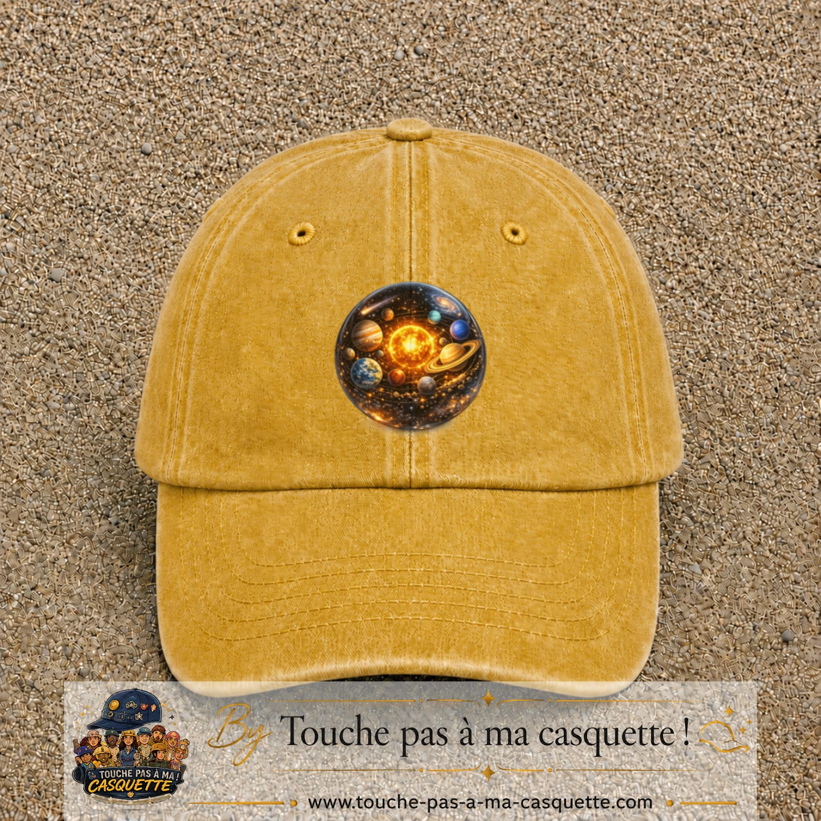 Casquette baseball Jaune délavé - Moutarde délavé 100% coton avec visuel Système solaire sphère 7 cm - image produit principale