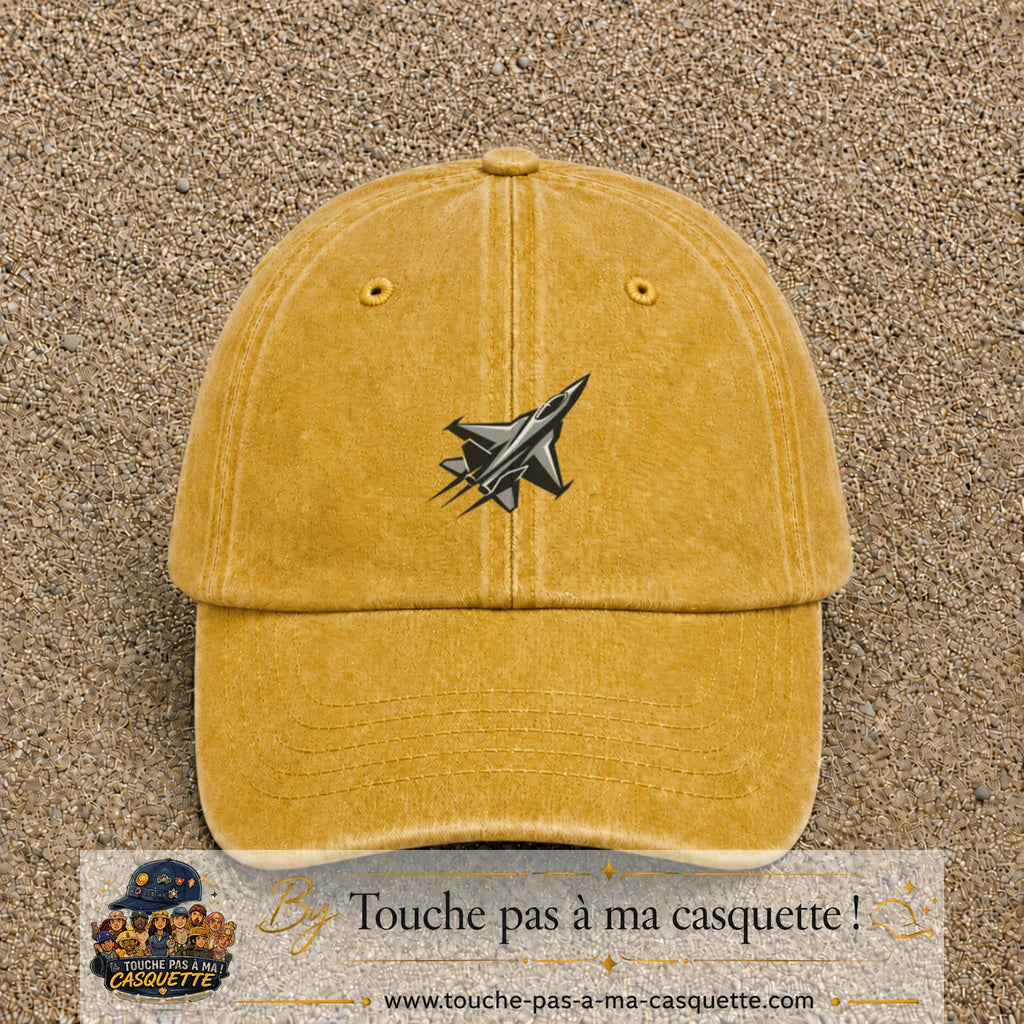 Casquette Jaune délavé - Moutarde délavé 100% coton avec motif Avion de chasse stylisé 5 cm - image principale