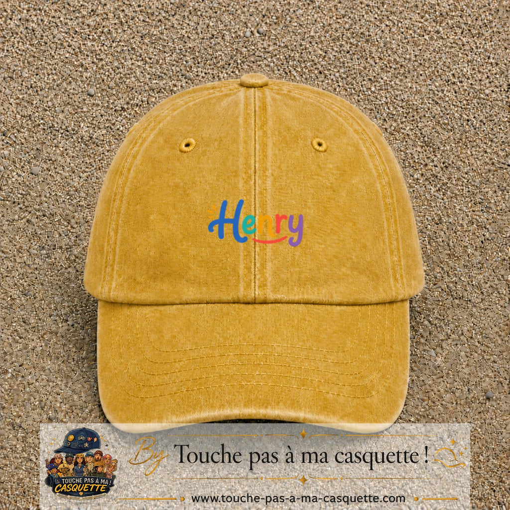 Casquette baseball Jaune délavé - Moutarde délavé 100% coton avec visuel Prénom Henry coloré 3 cm - image produit principale