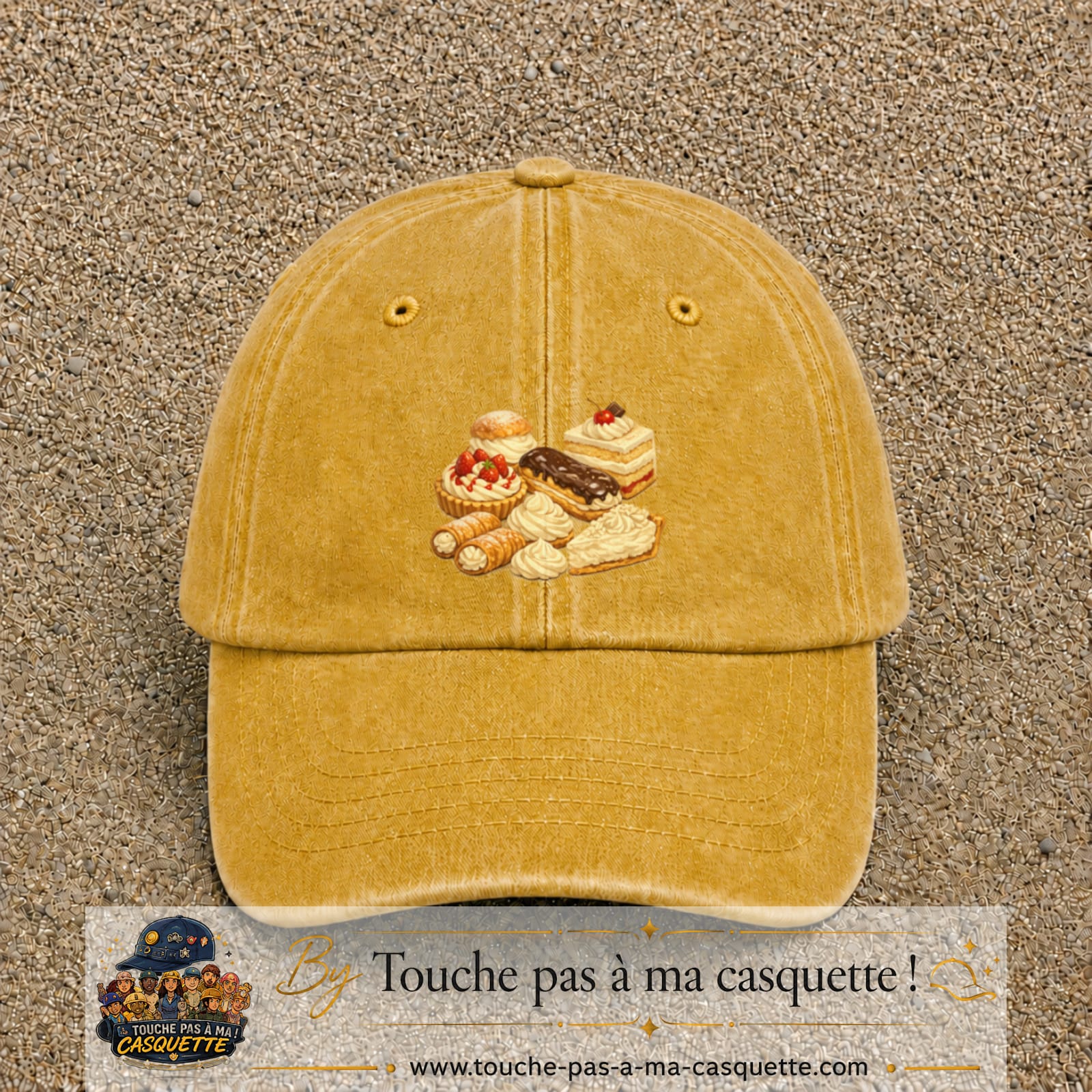 Casquette Jaune délavé - Moutarde délavé 100% coton avec motif Pâtisseries gourmandes 7 cm - image principale