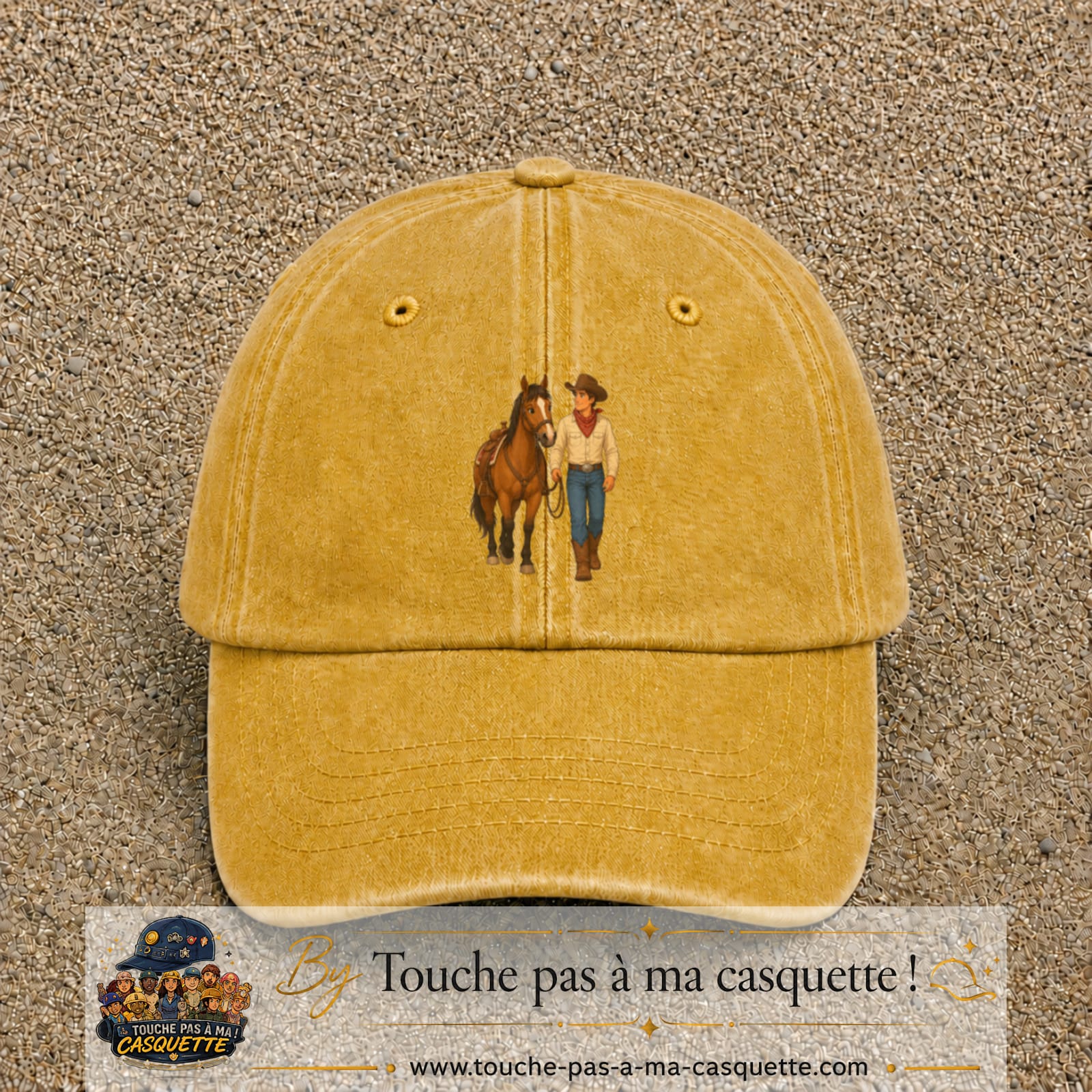 Casquette baseball Jaune délavé - Moutarde délavé 100% coton avec motif Cow-boy à cheval 7 cm - image principale