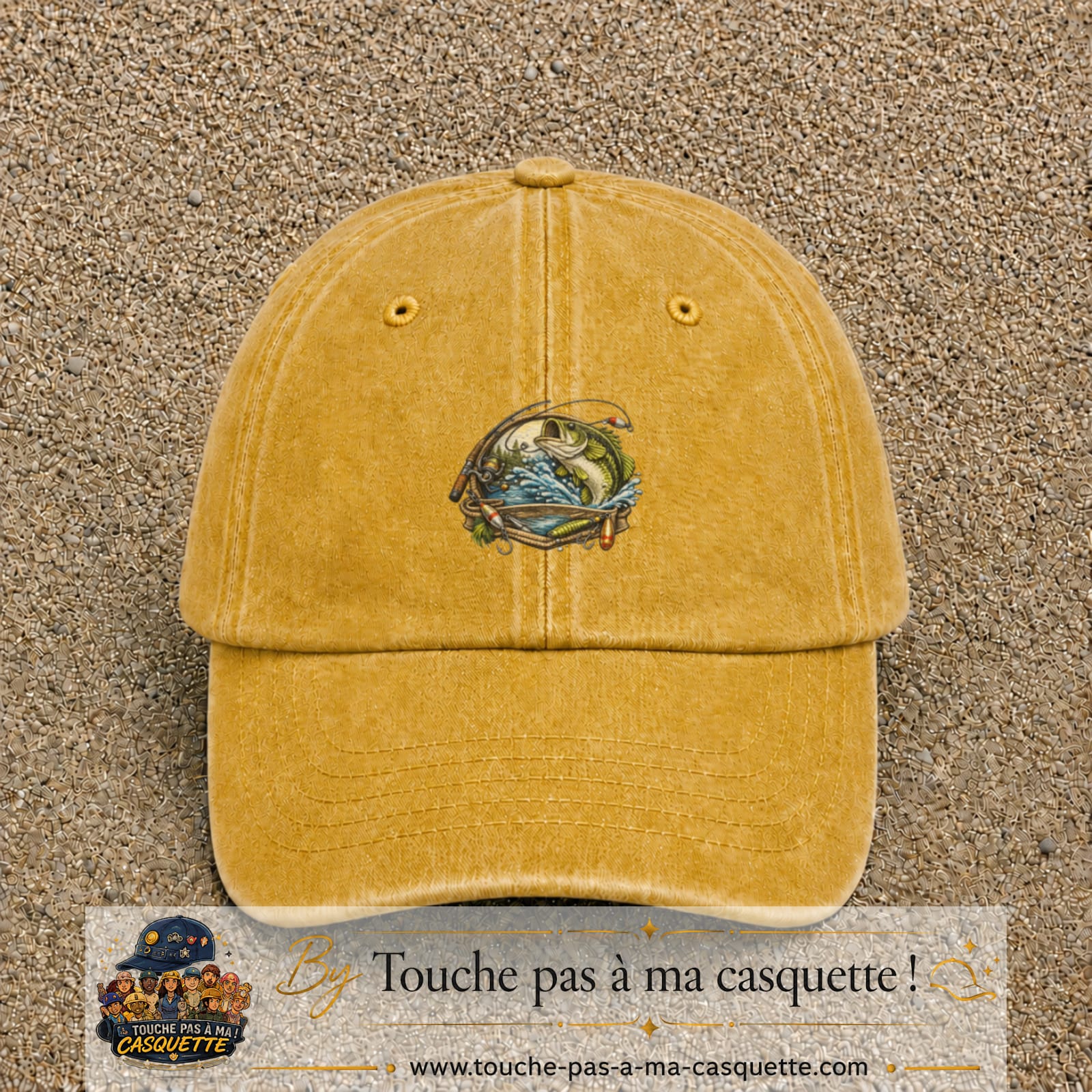 Casquette Jaune délavé - Moutarde délavé motif Pêche sportive 5 cm - vue principale