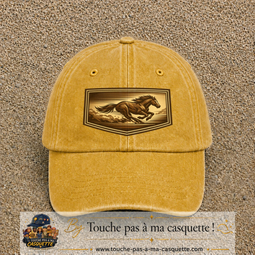 Casquette baseball Jaune délavé - Moutarde délavé 100% coton avec visuel Cheval en course 7 cm - image produit principale