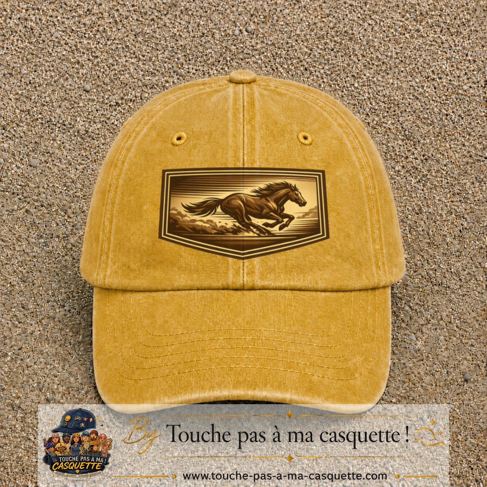 Casquette baseball Jaune délavé - Moutarde délavé 100% coton avec visuel Cheval en course 7 cm - image produit principale