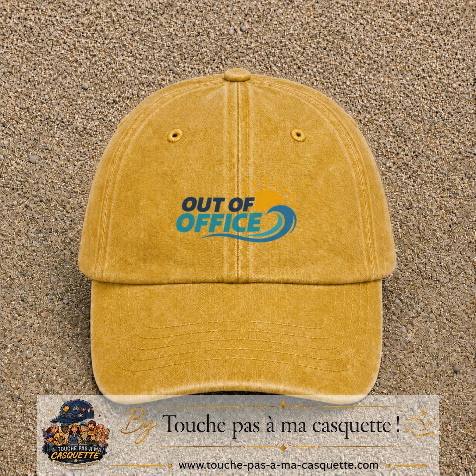 Casquette Jaune délavé - Moutarde délavé 100% coton avec motif Out of Office vague soleil 5 cm - image principale