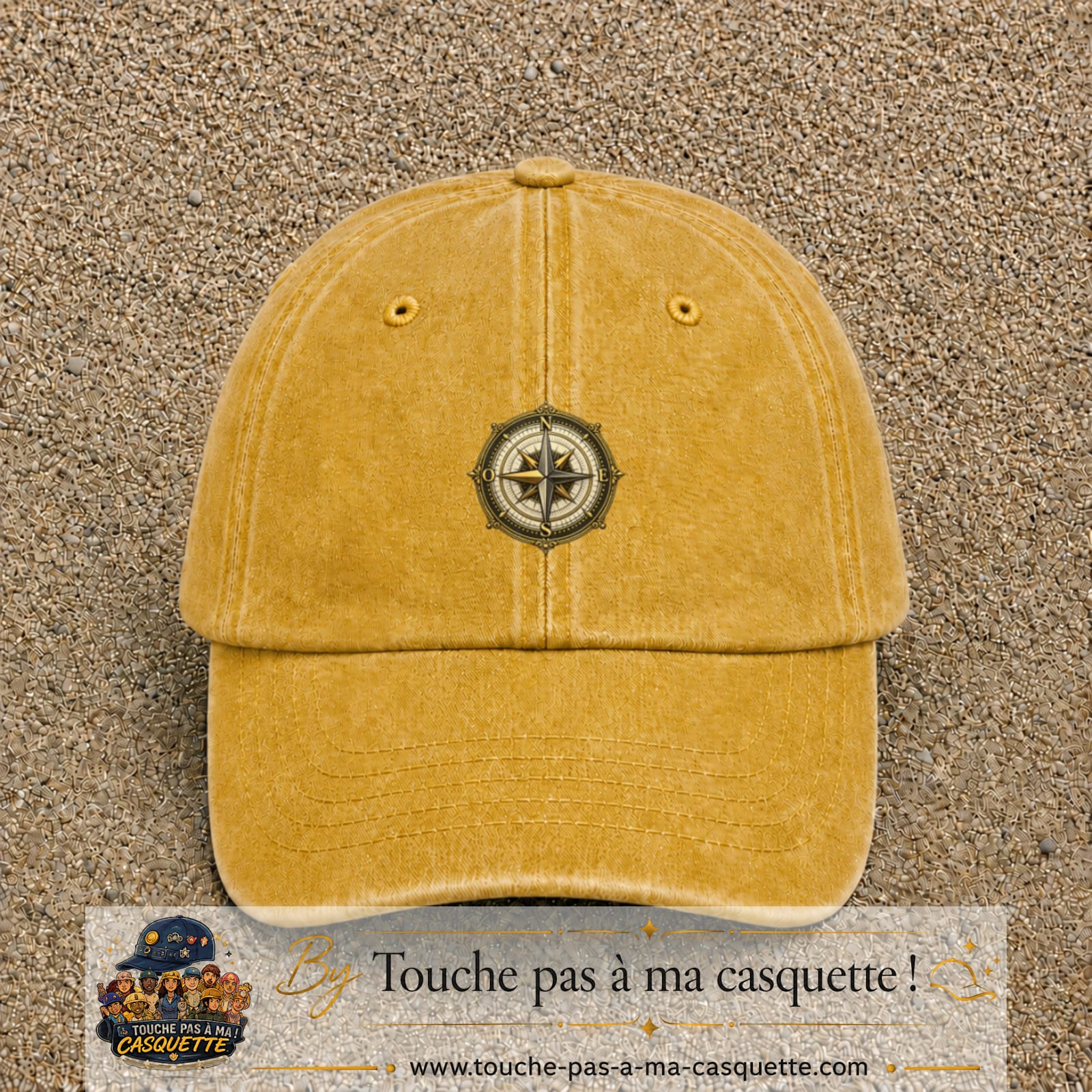 Casquette baseball Jaune délavé - Moutarde délavé 100% coton avec visuel Boussole rose des vents 5 cm - image produit principale