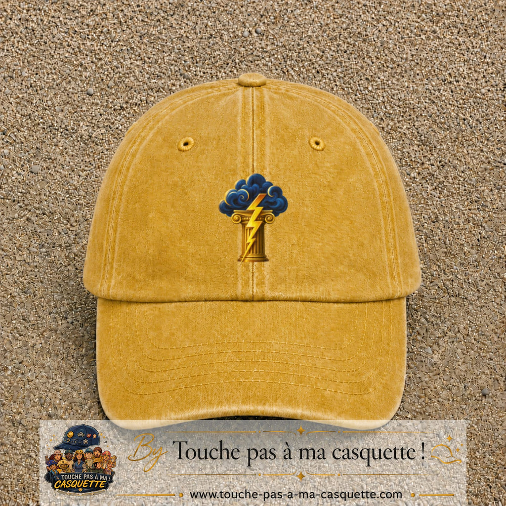 Casquette Jaune délavé - Moutarde délavé 100% coton avec motif Orage antique et éclair doré 7 cm - image principale