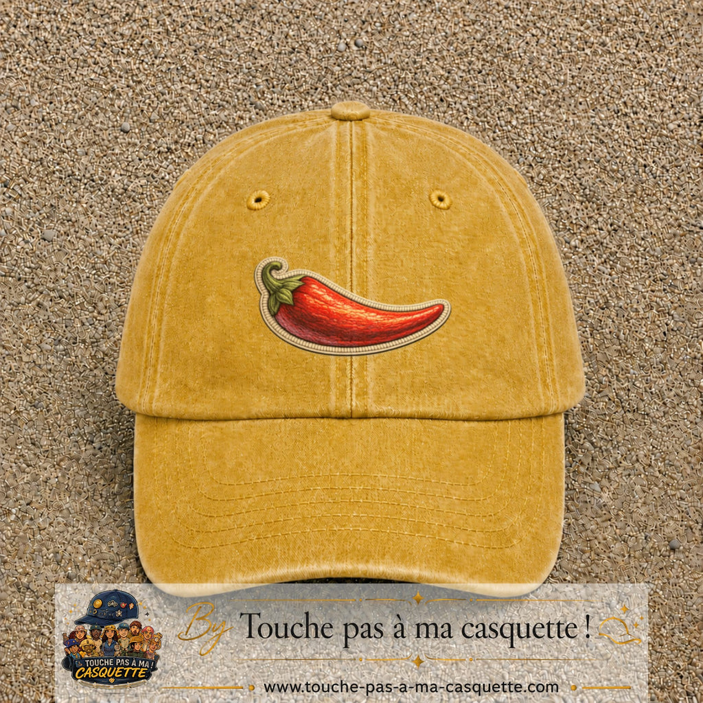 Casquette Jaune délavé - Moutarde délavé motif Piment piquant 5 cm - vue principale