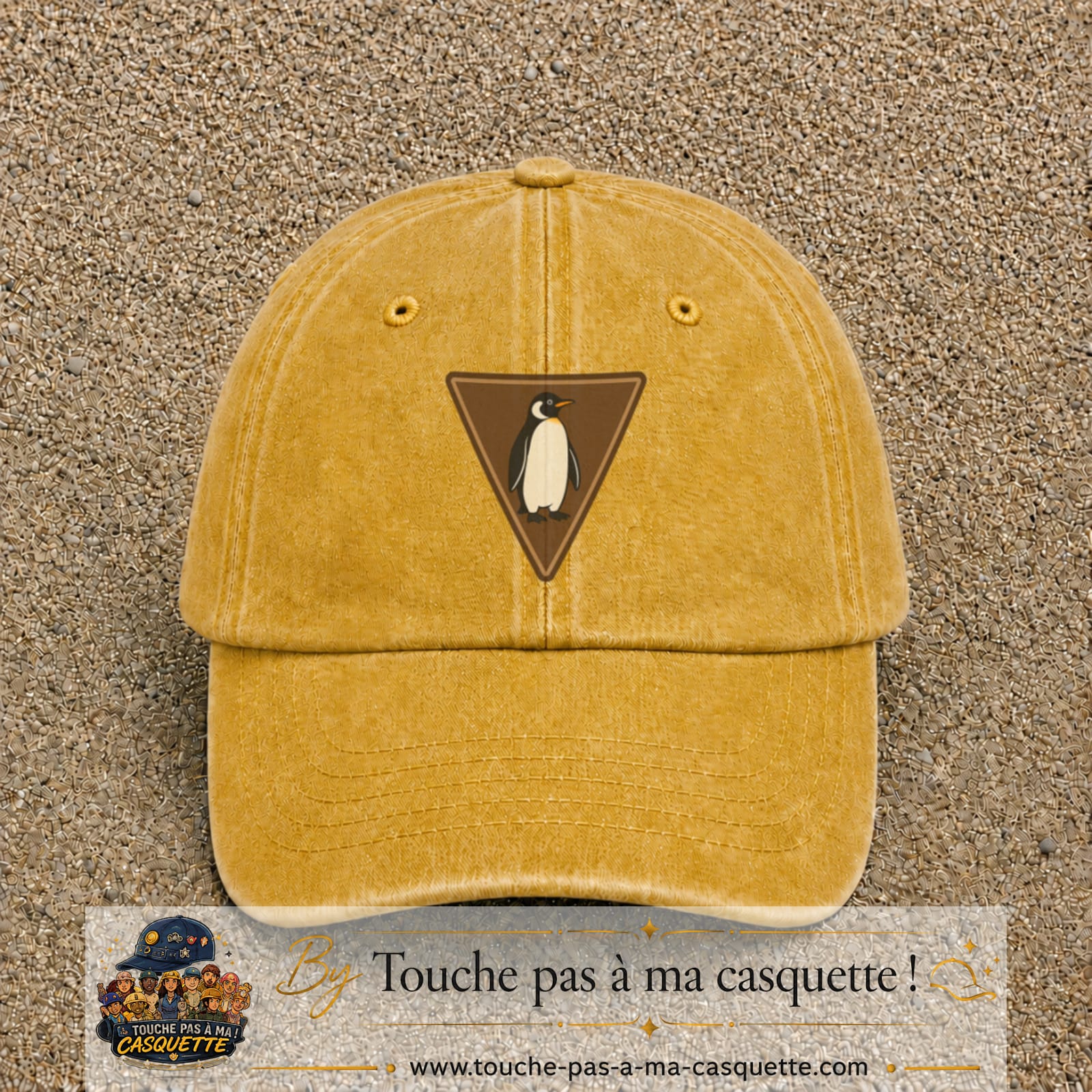 Casquette baseball Jaune délavé - Moutarde délavé 100% coton avec visuel Pingouin panneau 7 cm - image produit principale