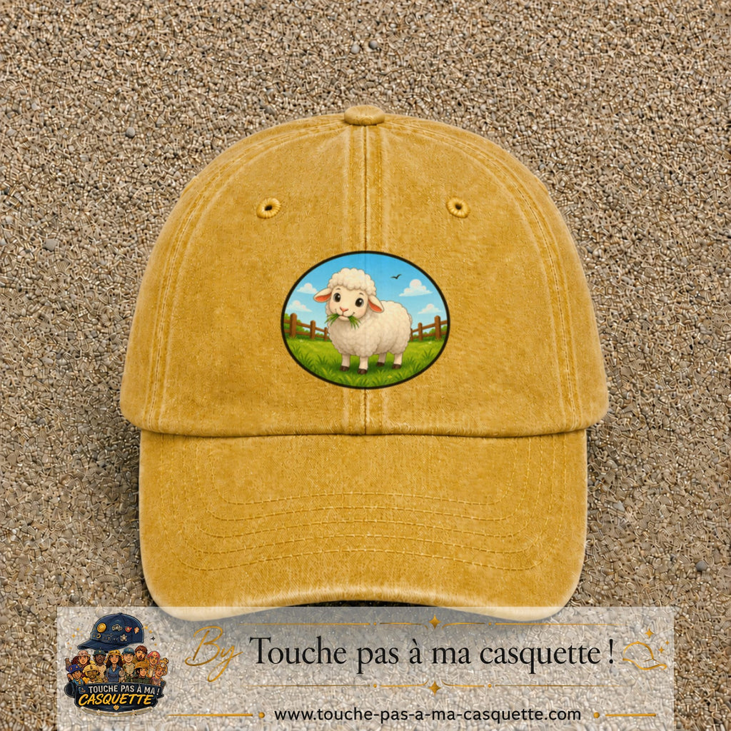 Casquette baseball Jaune délavé - Moutarde délavé 100% coton avec visuel Mouton à la ferme 7 cm - image produit principale