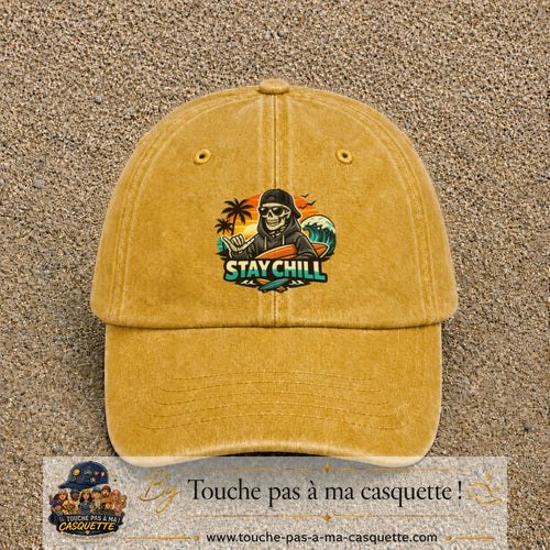 Casquette Jaune délavé - Moutarde délavé 100% coton avec motif Stay Chill squelette plage 7 cm - image principale