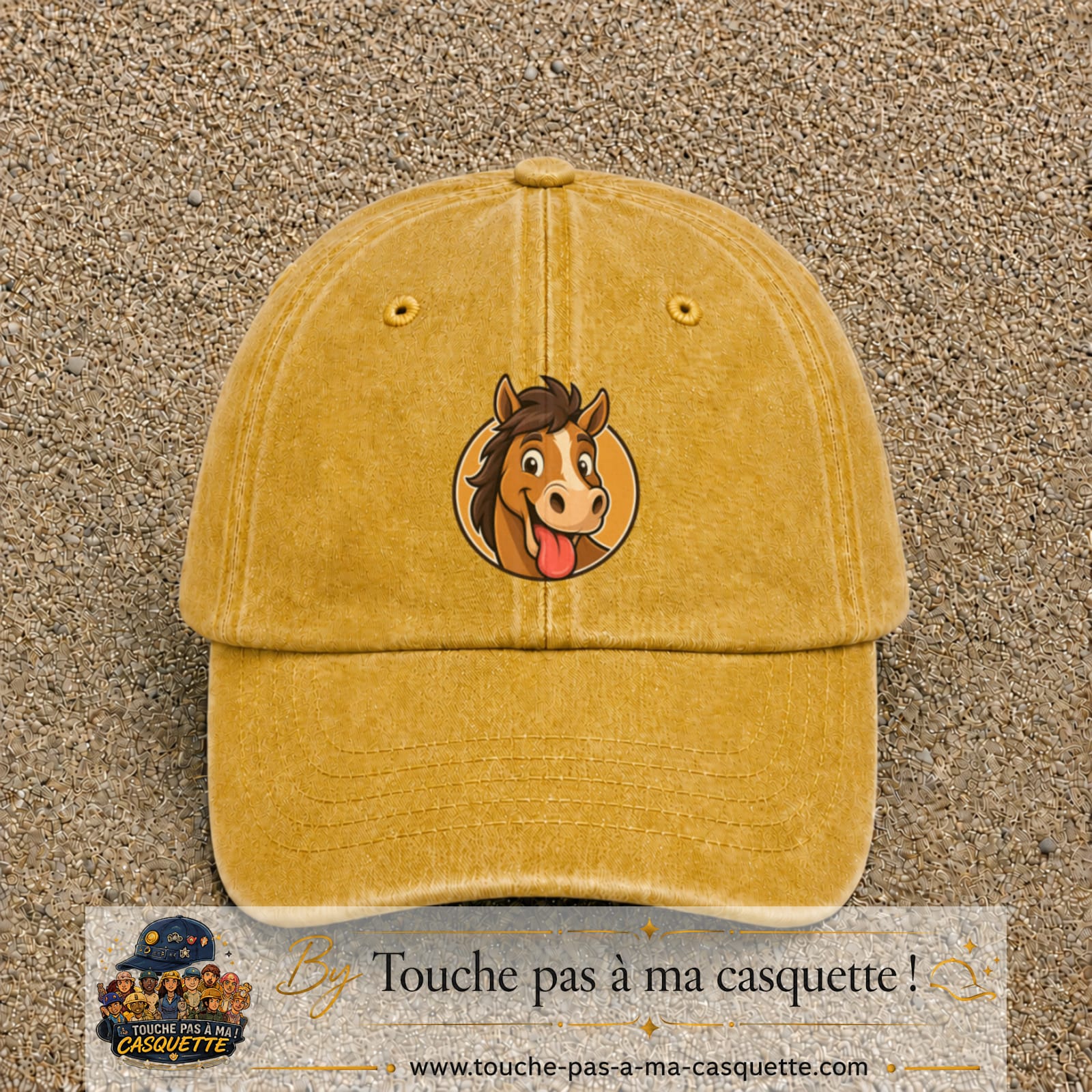 Casquette baseball Jaune délavé - Moutarde délavé 100% coton avec visuel Cheval langue tirée 7 cm - image produit principale