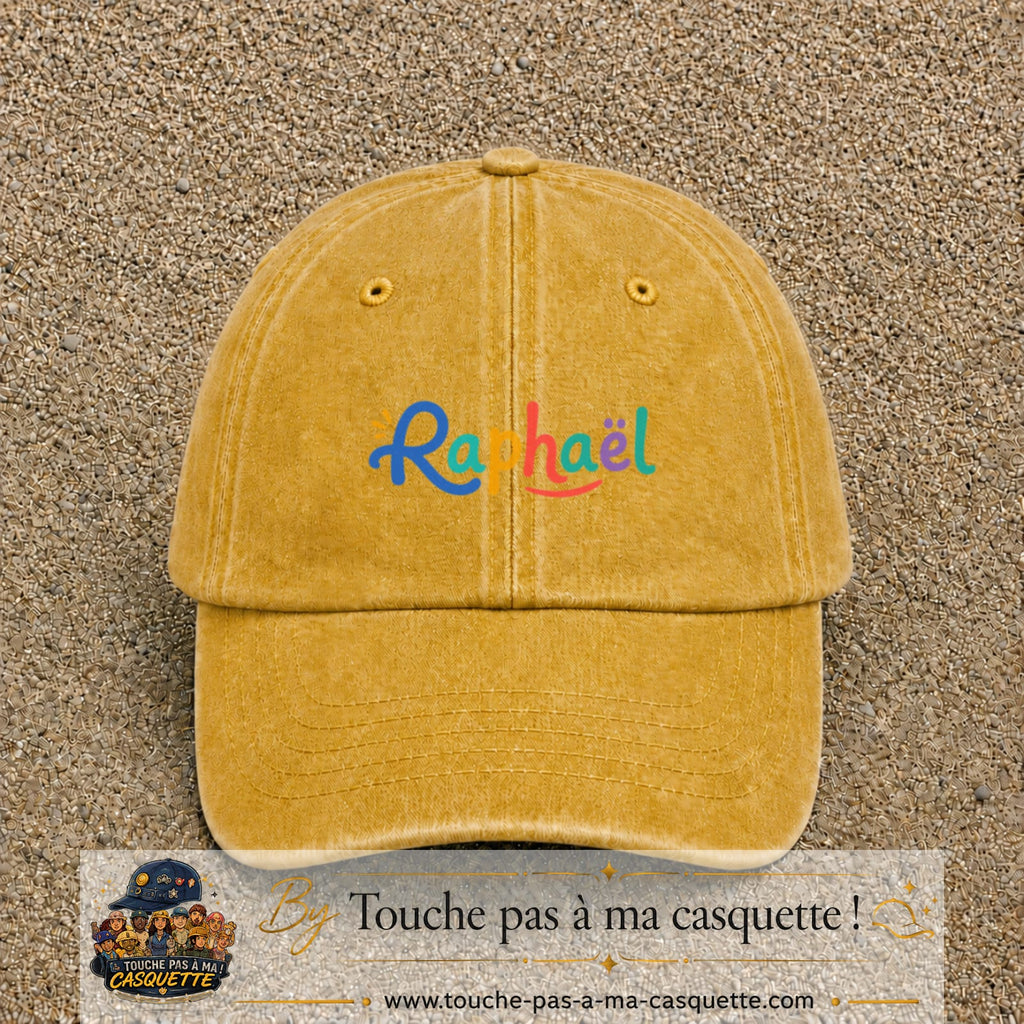 Casquette baseball Jaune délavé - Moutarde délavé 100% coton avec visuel Prénom Raphaël coloré 5 cm - image produit principale