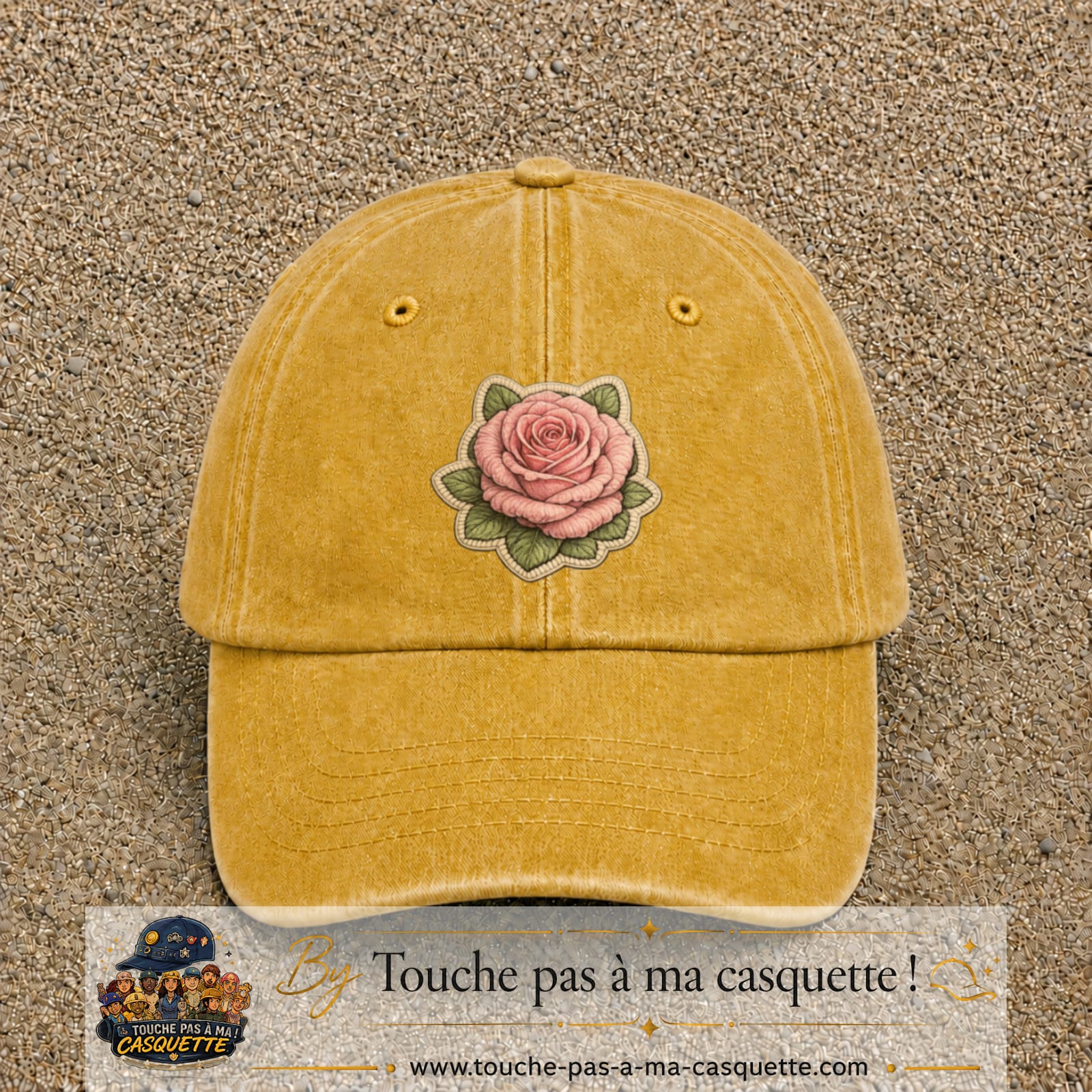 Casquette Jaune délavé - Moutarde délavé motif Rose tendre 7 cm - vue principale