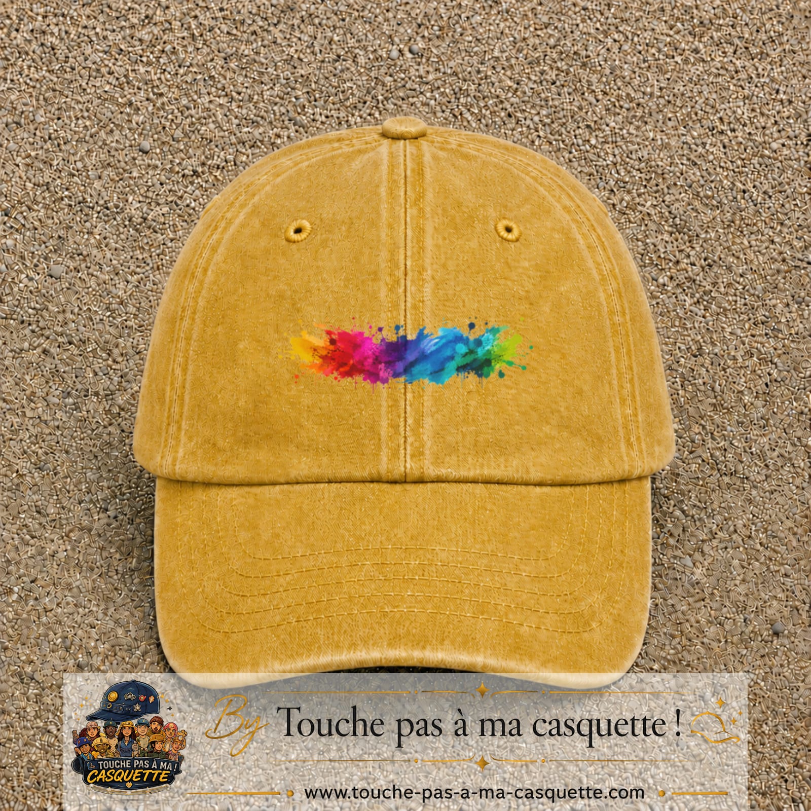 Casquette baseball Jaune délavé - Moutarde délavé 100% coton avec visuel Éclaboussure peinture 3 cm - image produit principale