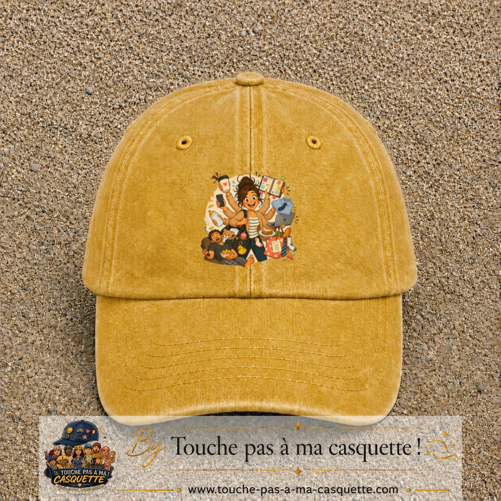 Casquette baseball Jaune délavé - Moutarde délavé 100% coton avec visuel Maman multitâche 7 cm - image produit principale