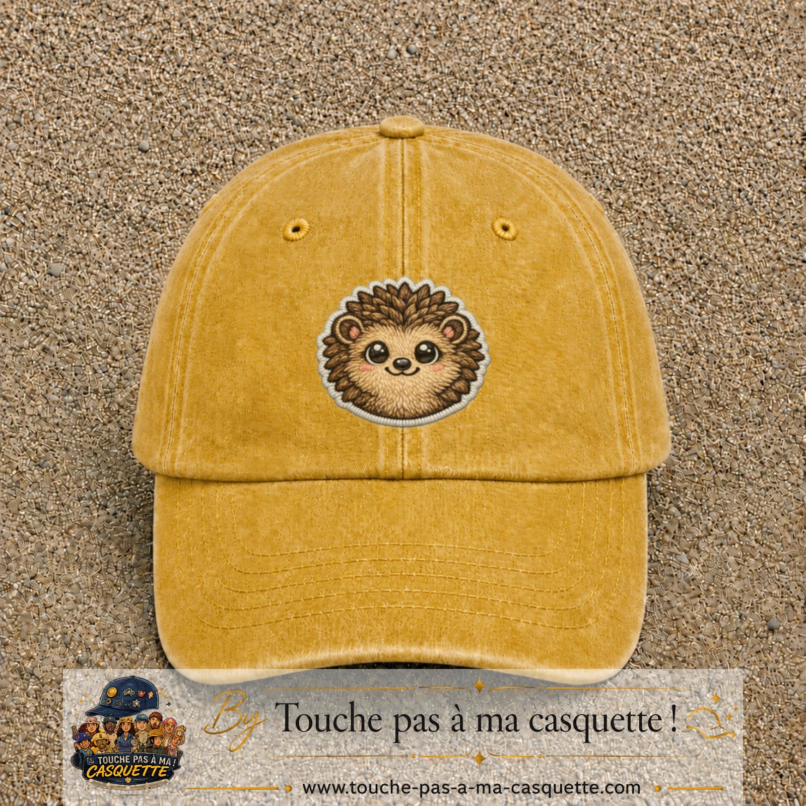 Casquette Jaune délavé - Moutarde délavé motif Hérisson kawaii 7 cm - vue principale