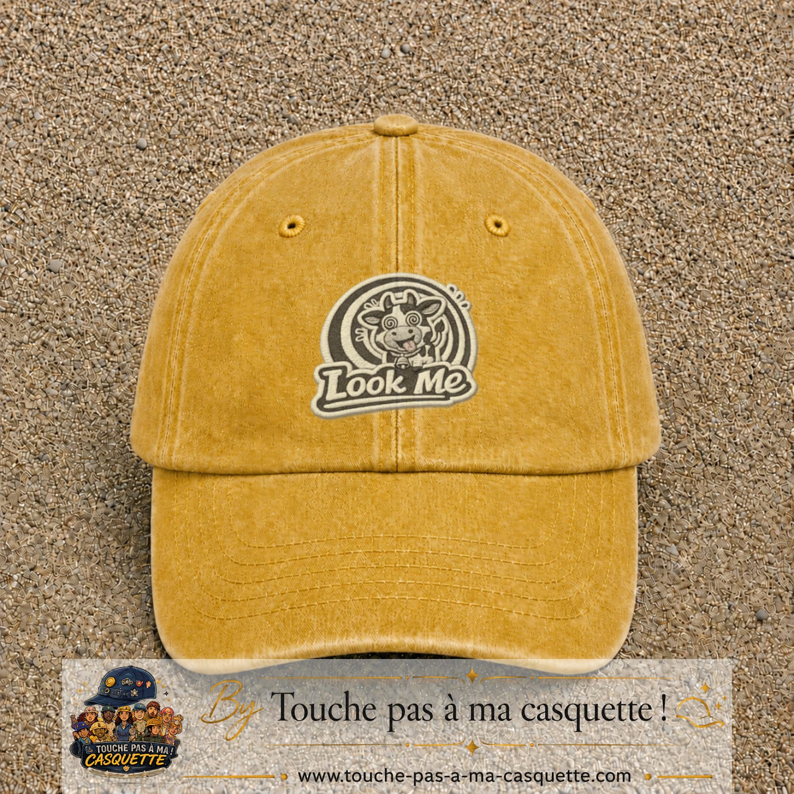 Casquette Jaune délavé - Moutarde délavé motif Look Me vache hypnotique 7 cm - vue principale