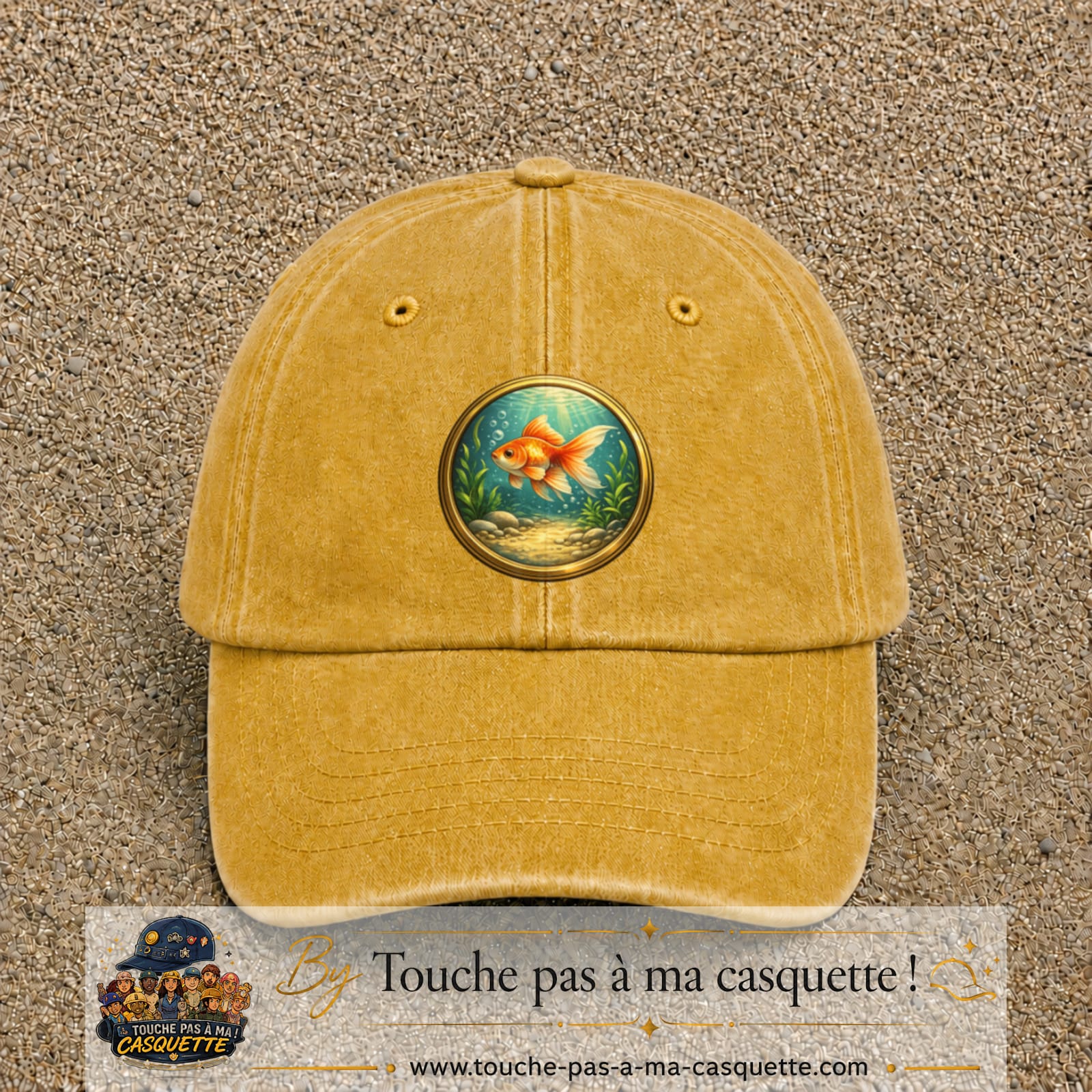 Casquette baseball Jaune délavé - Moutarde délavé 100% coton avec visuel Poisson rouge sous l’eau 7 cm - image produit principale