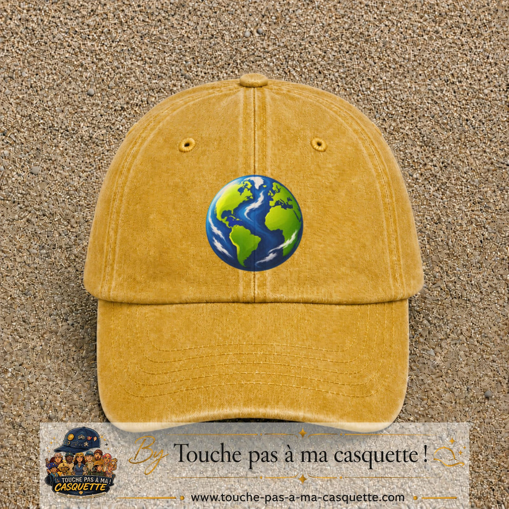 Casquette baseball Jaune délavé - Moutarde délavé 100% coton avec visuel Planète Terre cartoon 7 cm - image produit principale