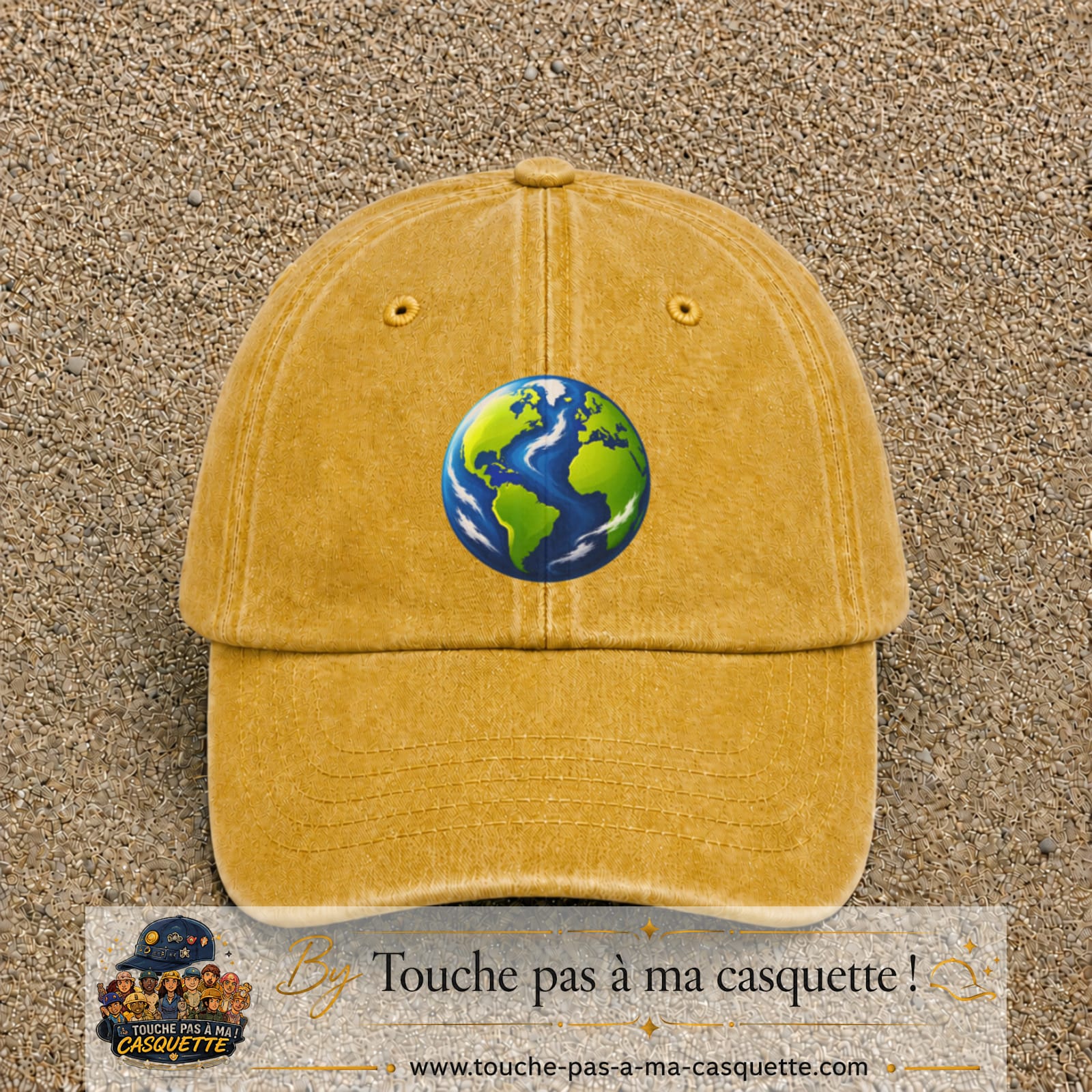 Casquette baseball Jaune délavé - Moutarde délavé 100% coton avec visuel Planète Terre cartoon 7 cm - image produit principale