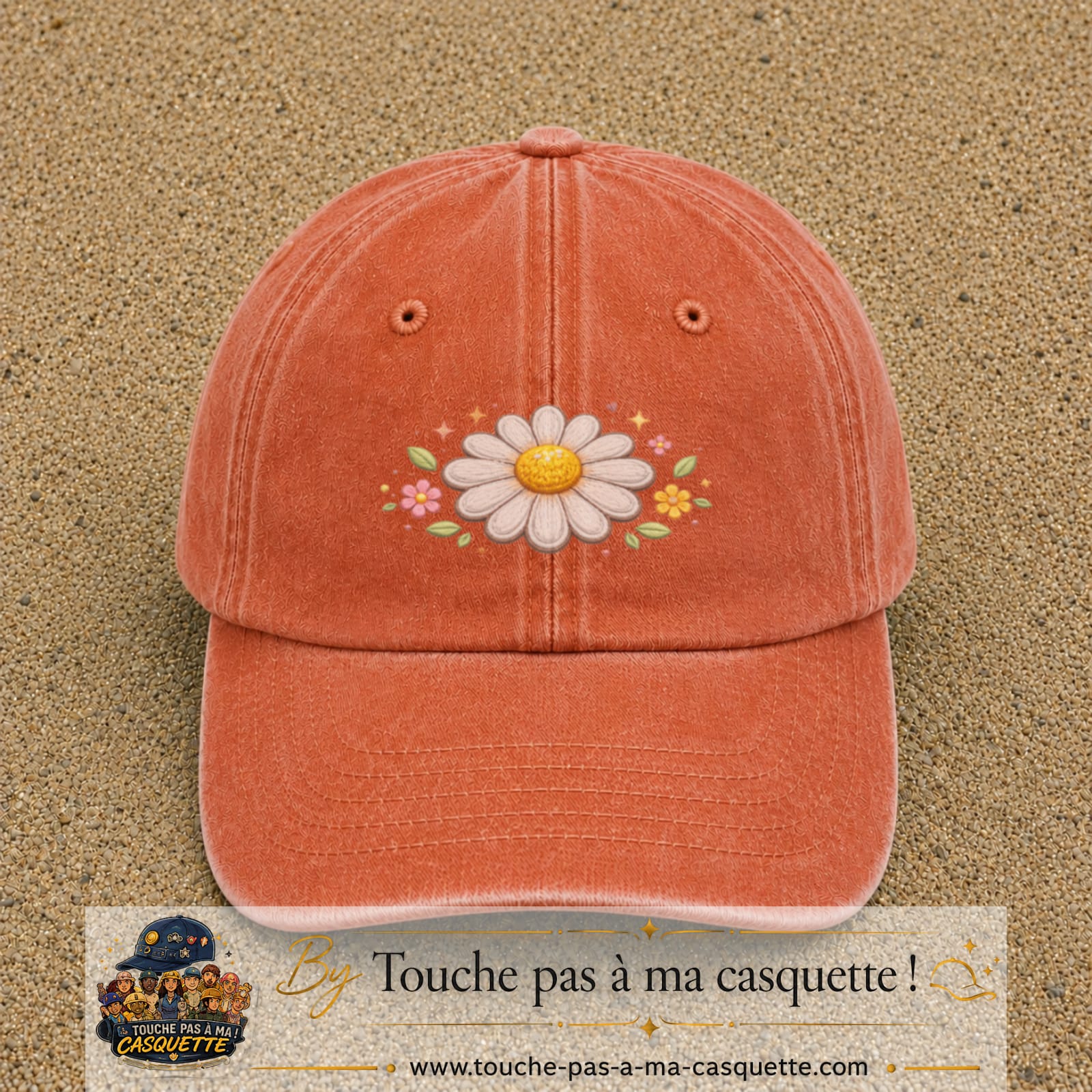 Image principale produit120moyenOC - casquette Orange délavé - Corail délavé avec visuel Marguerite horizontale 5 cm