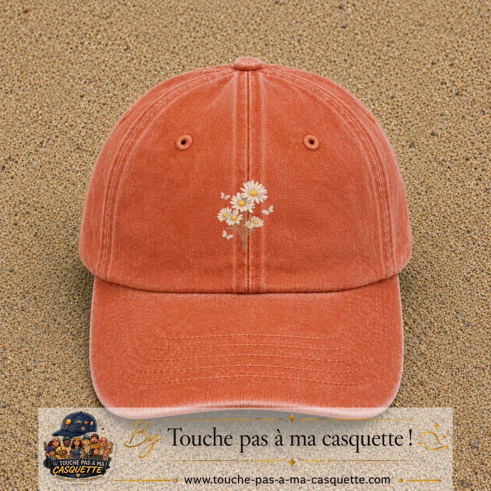 Image principale produit21moyenOC - casquette Orange délavé - Corail délavé avec visuel Bouquet de marguerites 5 cm