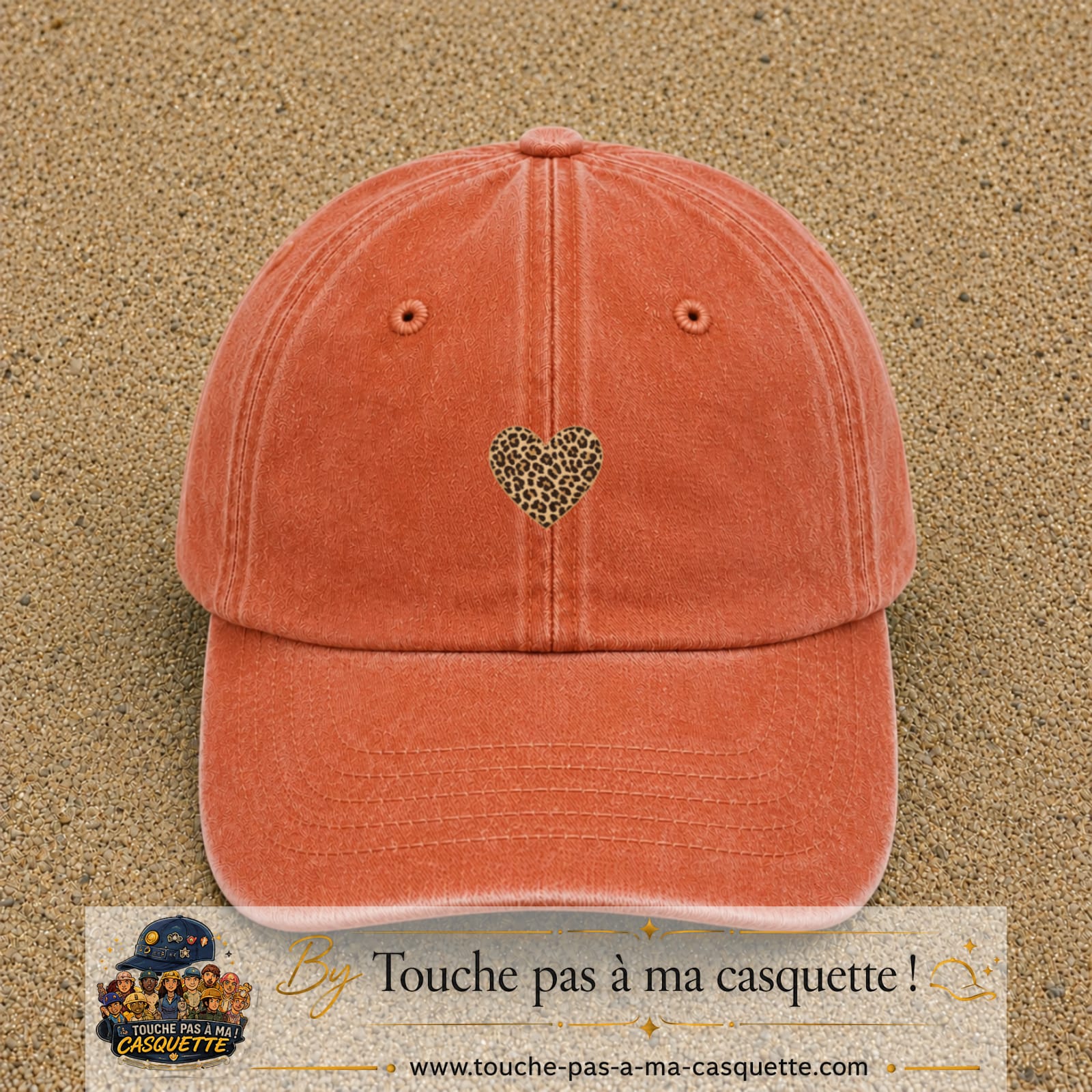 Image principale produit18petitOC - casquette Orange délavé - Corail délavé avec visuel Cœur léopard 3 cm