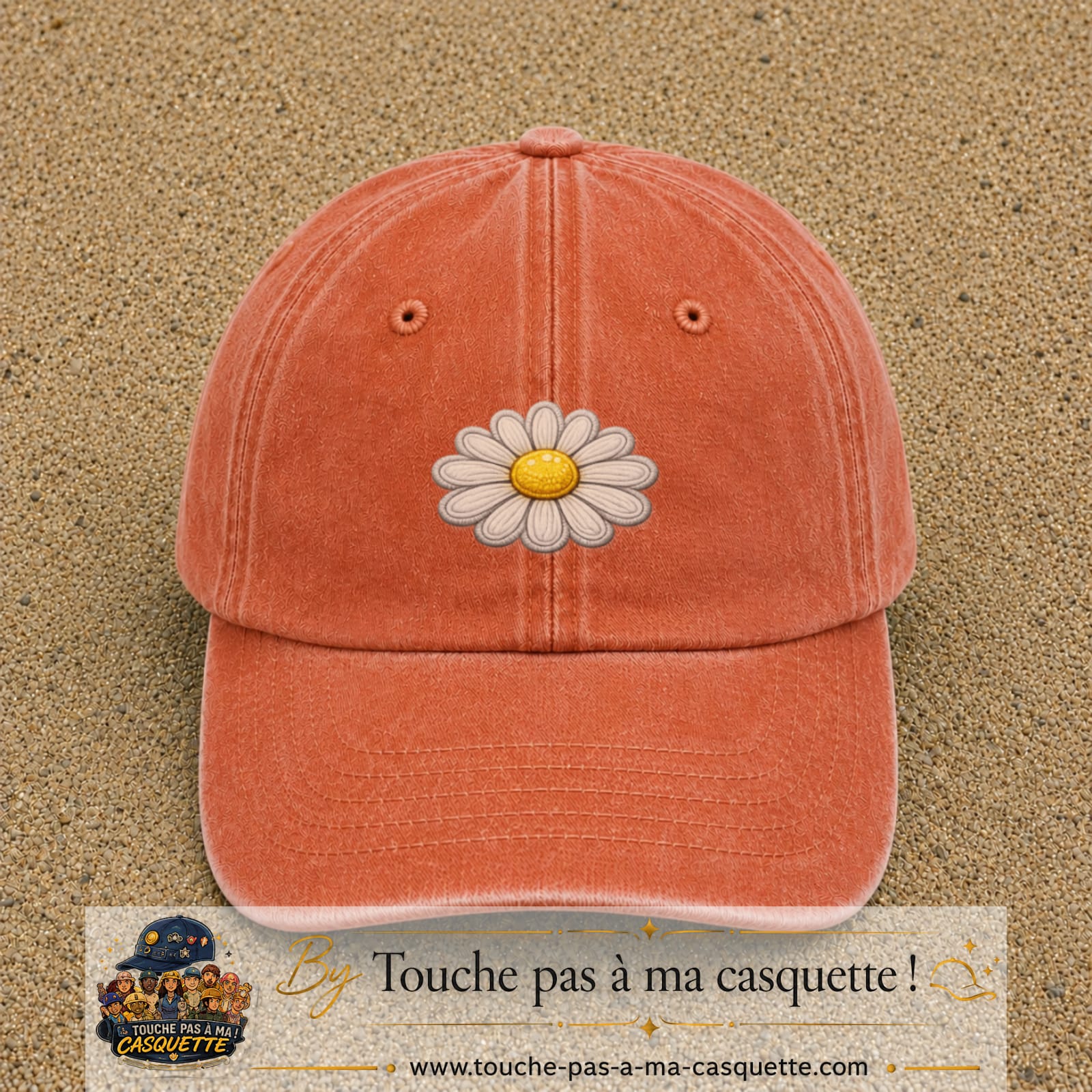 Image principale produit104moyenOC - casquette Orange délavé - Corail délavé avec visuel Marguerite simple 5 cm
