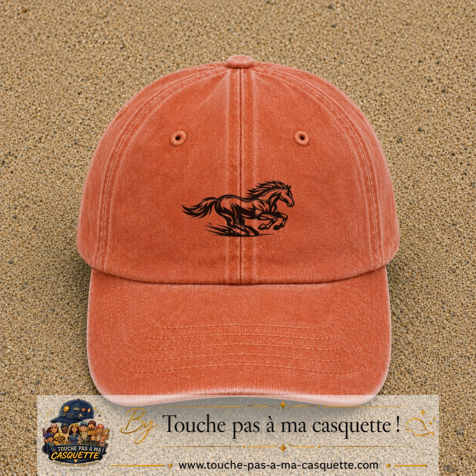 Image principale produit127moyenOC - casquette Orange délavé - Corail délavé avec visuel Cheval au galop 5 cm