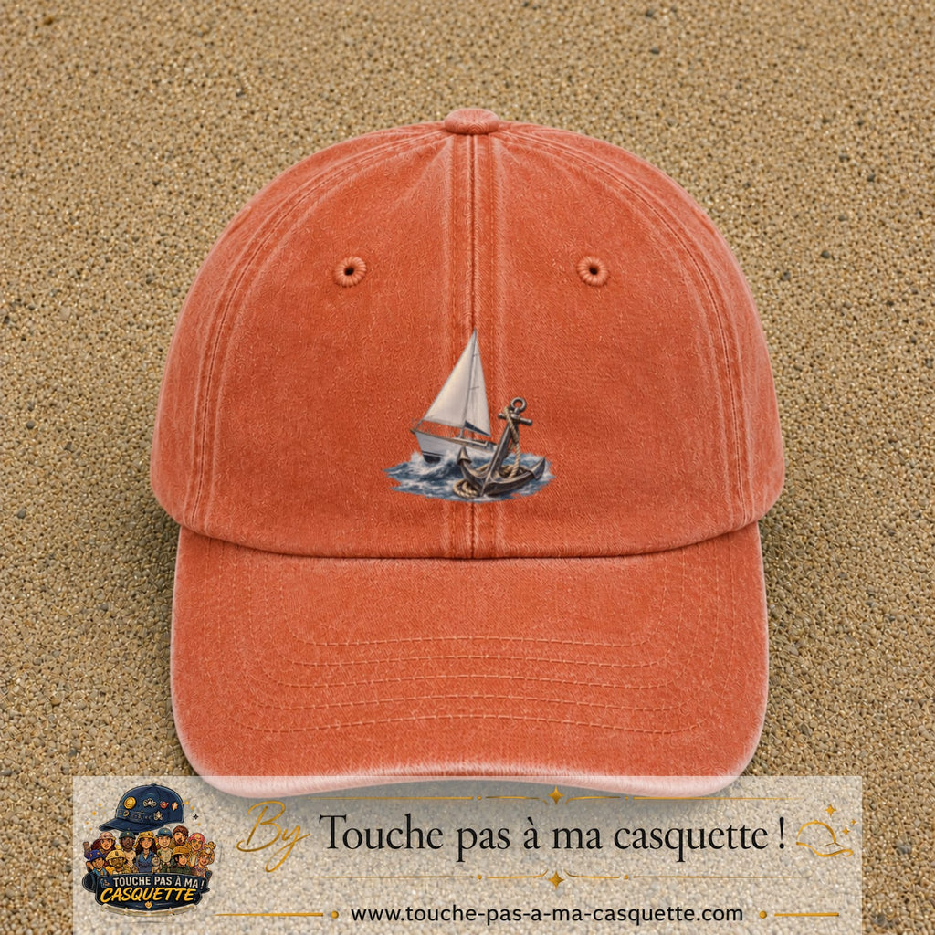 Image principale casquette Orange délavé - Corail délavé avec motif Voilier et ancre 7 cm