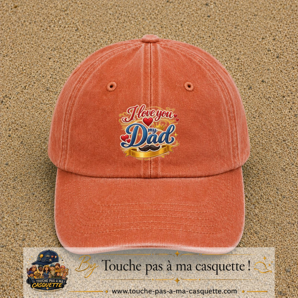 Casquette Orange délavé - Corail délavé avec motif I Love You My Dad couronné en 7 cm – vue principale