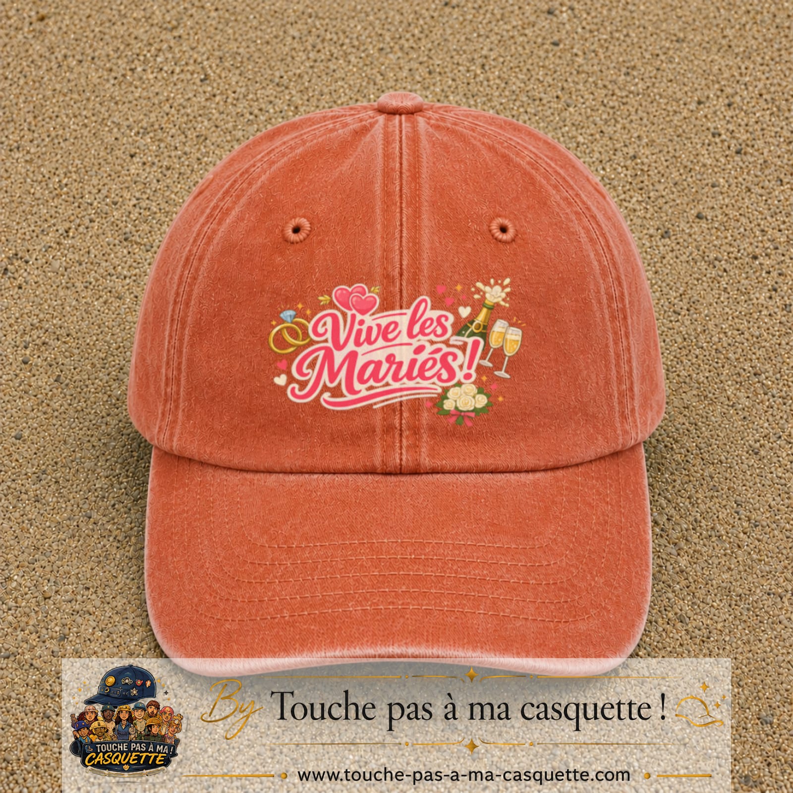 Casquette Orange délavé - Corail délavé avec motif Vive les Mariés en 7 cm – vue principale
