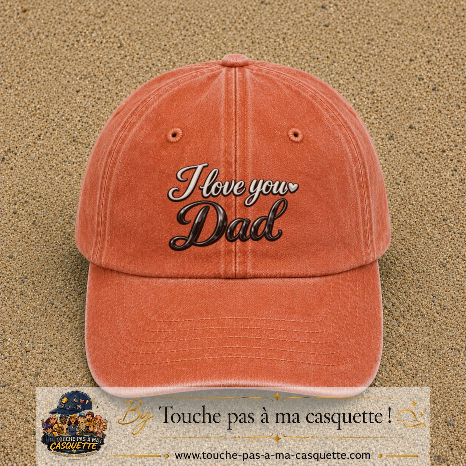 Casquette Orange délavé - Corail délavé avec motif I Love You Dad en calligraphie en 7 cm – vue principale