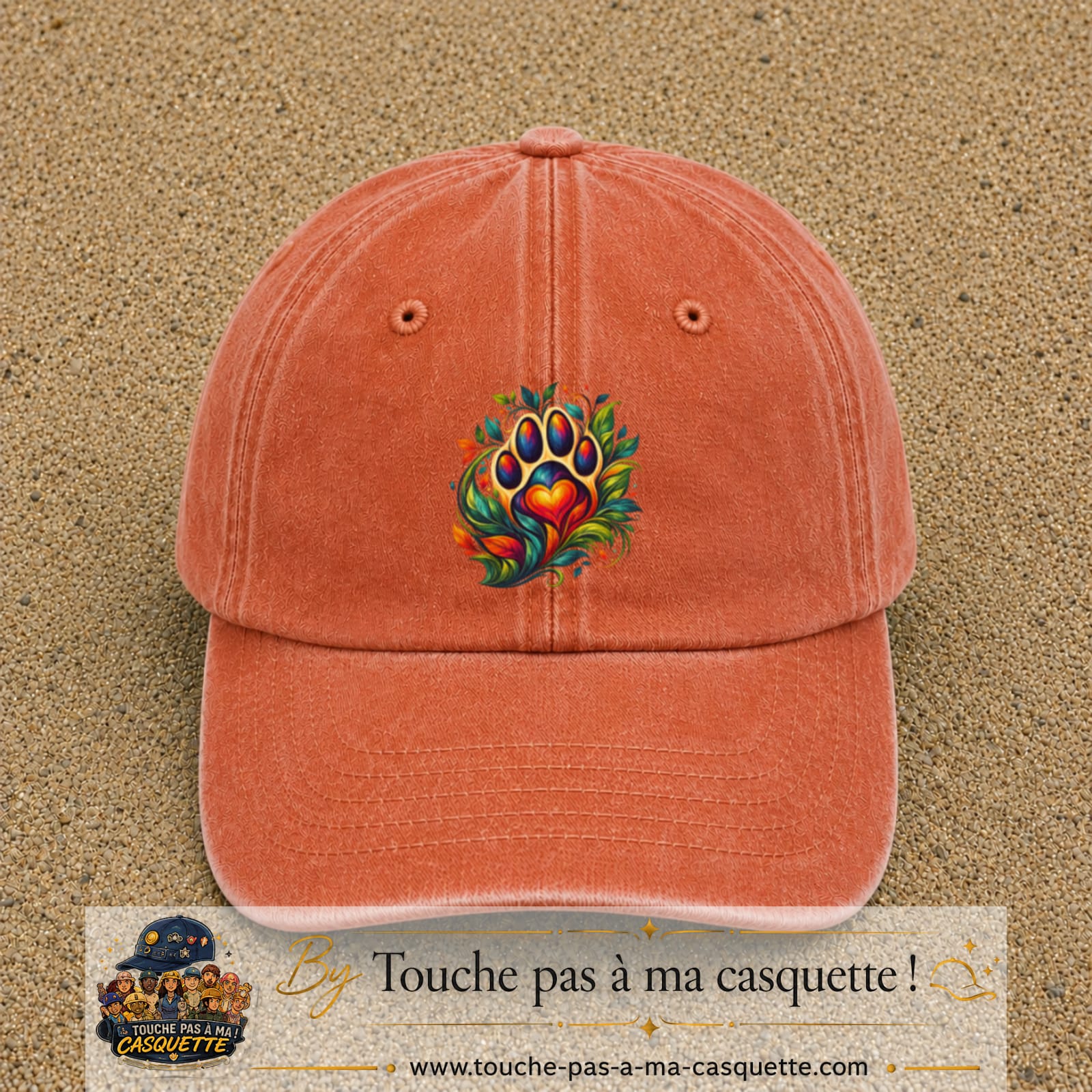 Casquette Orange délavé - Corail délavé motif Patte cœur animal logo 7 cm