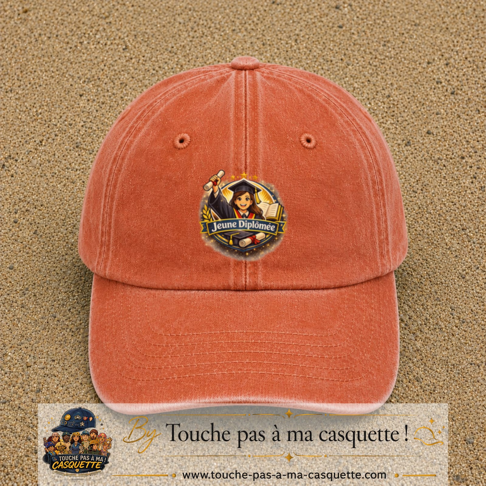 Casquette Orange délavé - Corail délavé avec motif Jeune Diplômée en 7 cm – vue principale