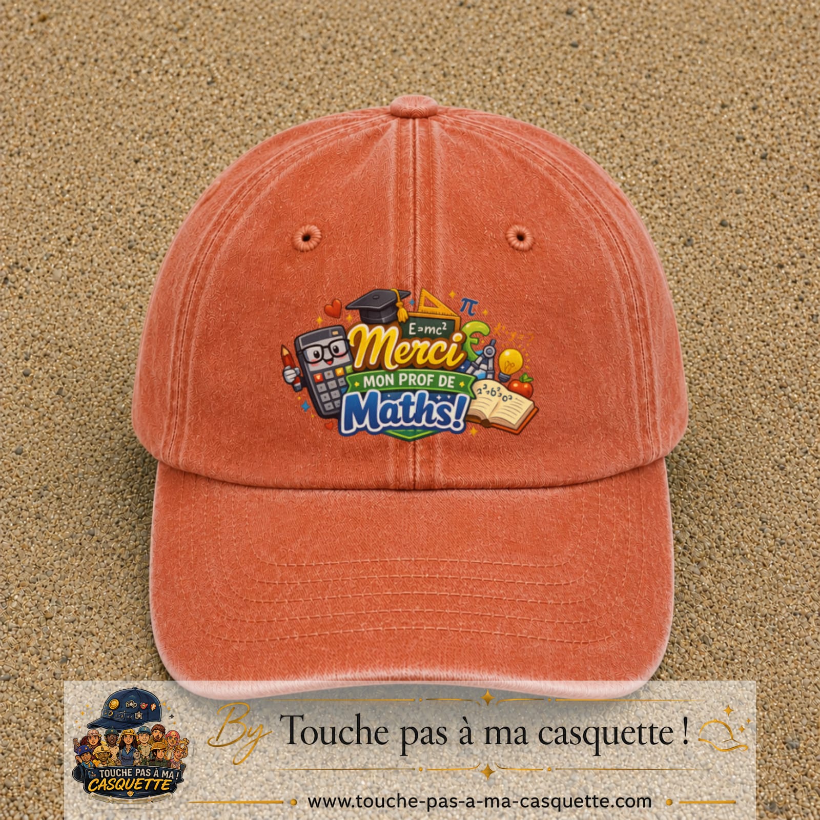 Casquette Orange délavé - Corail délavé avec motif Merci mon prof de maths en 7 cm – vue principale